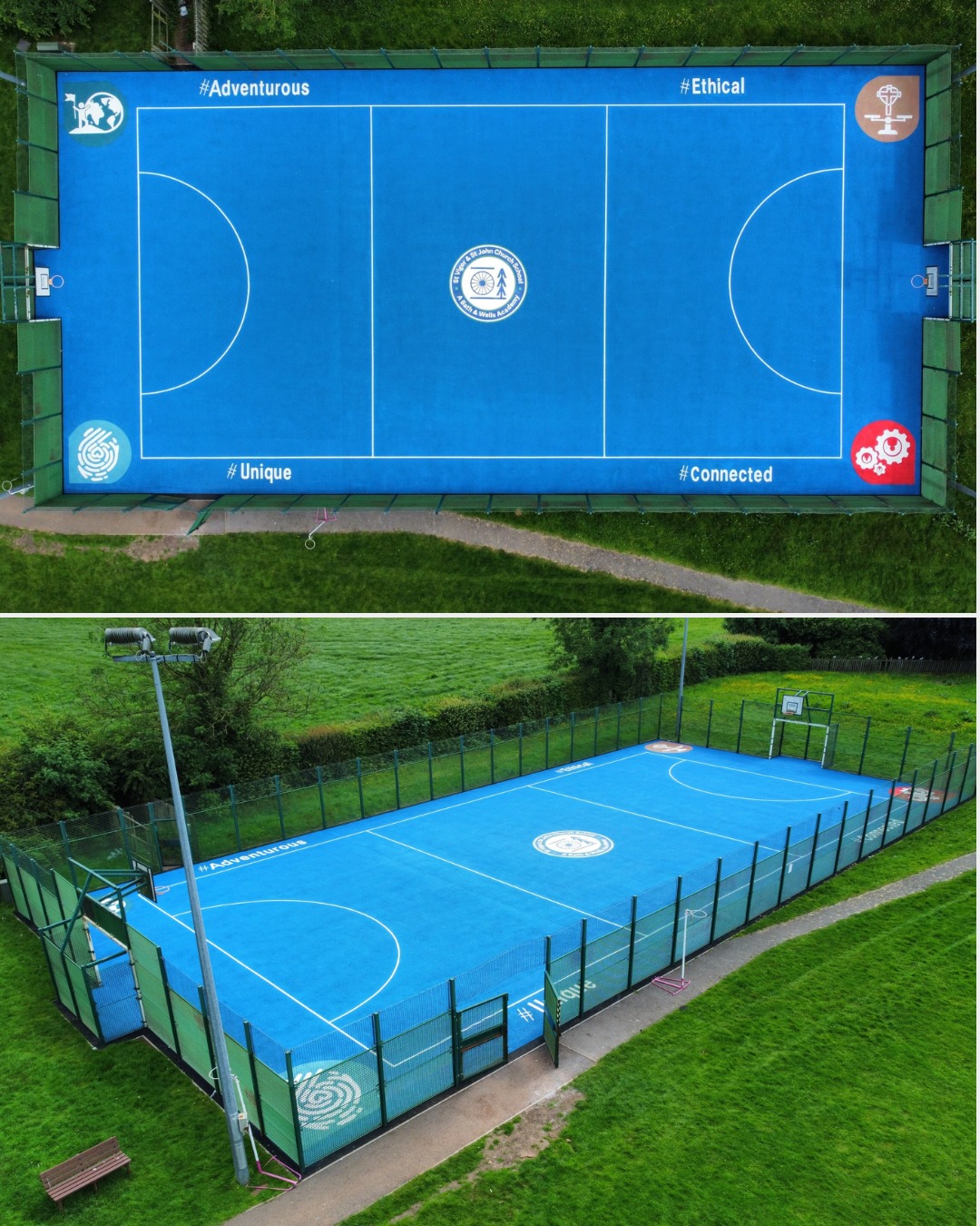 MUGA install at St Vigor & St John Church School.
Custom corner graphics, school logo at the centre, and fencing to keep play contained and safe.
Simple details that make the space feel more personal and practical.
Got a project in mind? Head to the link in our bio or send us a message ⚽