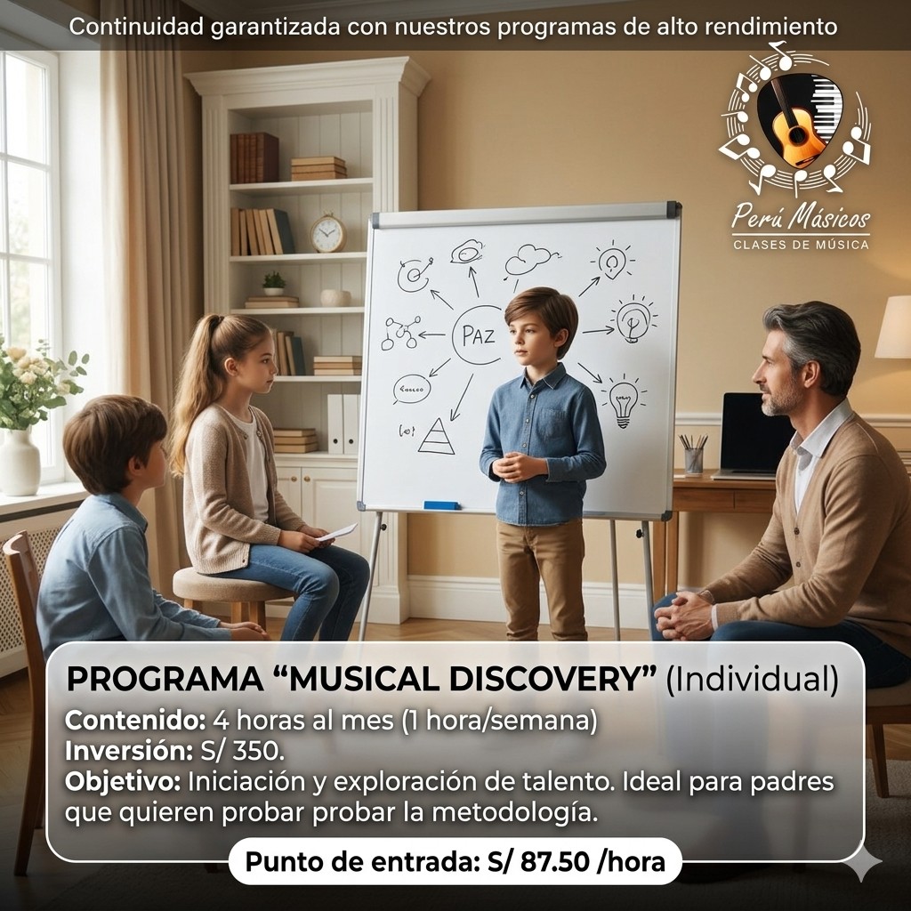 🎶 El Despertar del Talento ¿Tendrá tu hijo un talento oculto para la música? Hoy es el día para descubrirlo. ✨
Muchos padres sienten la corazonada de que su hijo tiene un ritmo especial, pero no saben por dónde empezar. El programa Musical Discovery de Perú Músicos es la puerta de entrada perfecta para transformar esa curiosidad en una experiencia real. 🎹
Este programa de iniciación está diseñado específicamente para evaluar la afinidad rítmica y sensorial de tu pequeño, permitiéndote probar nuestra metodología sin compromisos a largo plazo.
¿Qué incluye el Programa Musical Discovery?
✅ Exploración guiada: 1 hora a la semana (4 horas al mes) de inmersión total.
✅ Evaluación de afinidad: Identificamos el instrumento y el ritmo que mejor conectan con su personalidad.
✅ Metodología PNL: Un enfoque educativo que garantiza una conexión instantánea y divertida con el aprendizaje.
Es el primer paso ideal para quienes buscan calidad, prestigio y una guía profesional desde el primer día.
📍 Clases a domicilio en Lima y Online para todo el mundo.
"En este nivel, no pagas por horas de instrucción, sino por un sistema diseñado para que tu hijo desarrolle disciplina y sensibilidad artística desde casa."
¡Empecemos hoy! Escribe la palabra "DISCOVERY" al DM o al WhatsApp para agendar su primera sesión de exploración. 🚀
www.perumusicos.com
Reserva tus clases al Whatsapp https://wa.me/51922168421 y https://wa.me/51984150584 ¡Esperamos verte pronto!
#PeruMusicos #MusicalDiscovery #ClasesDeMusica #TalentoInfantil #PianoParaNiños #MusicaEnCasa #EducacionIntegral #LimaNiños #AprendizajeCreativo #PrimerosPasosMusicales #ClasesOnline #DisciplinaYArte