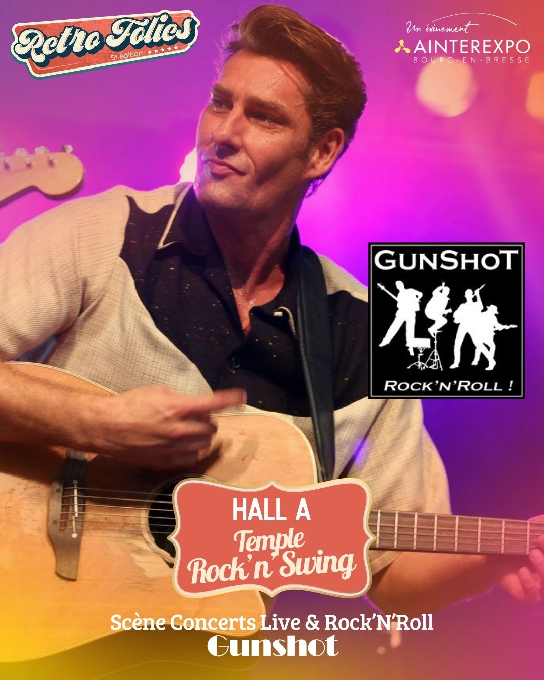 🎤 𝗣𝗿𝗼𝗴𝗿𝗮𝗺𝗺𝗮𝘁𝗶𝗼𝗻 𝗮𝗿𝘁𝗶𝘀𝘁𝗶𝗾𝘂𝗲 𝟮𝟬𝟮𝟲 | 𝗚𝘂𝗻𝘀𝗵𝗼𝘁
Attention… ça va swinguer façon années 50 🔥
Après des années à naviguer entre Rhythm’n’Blues, Rockabilly et Country, Yannick Dimont lance un projet à son image : brut, authentique et terriblement efficace… 👉 GUNSHOT est né.
Dès qu’ils montent sur scène, c’est une véritable déflagration rock’n’roll ! Une énergie contagieuse, un son vintage qui claque… une ambiance digne des plus belles heures des fifties ⚡
Au programme :
👉 Elvis Presley
👉 Jerry Lee Lewis
👉 Chuck Berry
👉 Fats Domino
…revisités avec une touche explosive, tout en gardant l’âme et l’authenticité de cette époque mythique 🎙️
📍 En concert à 16h le dimanche 28 juin 2026 - Grande Scène Hall A
Ainterexpo, Bourg-en-Bresse
🎫 Réserve ton pass prévente ici > bit.ly/RetroFolies26
#RetroFolies #RetroFolies2026 #Ainterexpo #BourgenBresse #Vintage #Concerts #ConcertGunshot #Gunshot #Rock #50s #années50 #MusiqueAnnees50