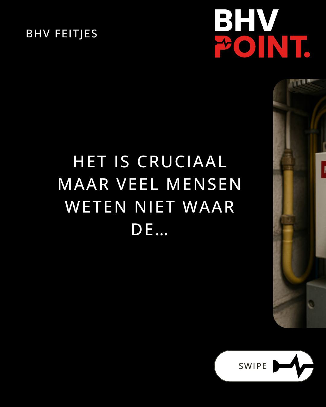 Gas & stroom
Veel mensen weten niet waar de gaskraan of hoofdschakelaar zit…
En juist dát kan in een noodsituatie het verschil maken.
Eén simpele handeling gas afsluiten of de stroom uitschakelen kan schade, paniek of erger voorkomen.
Kleine kennis, groot verschil.
Vraag het vandaag nog eens rond:
Weet jij waar de hoofdschakelaar zit?