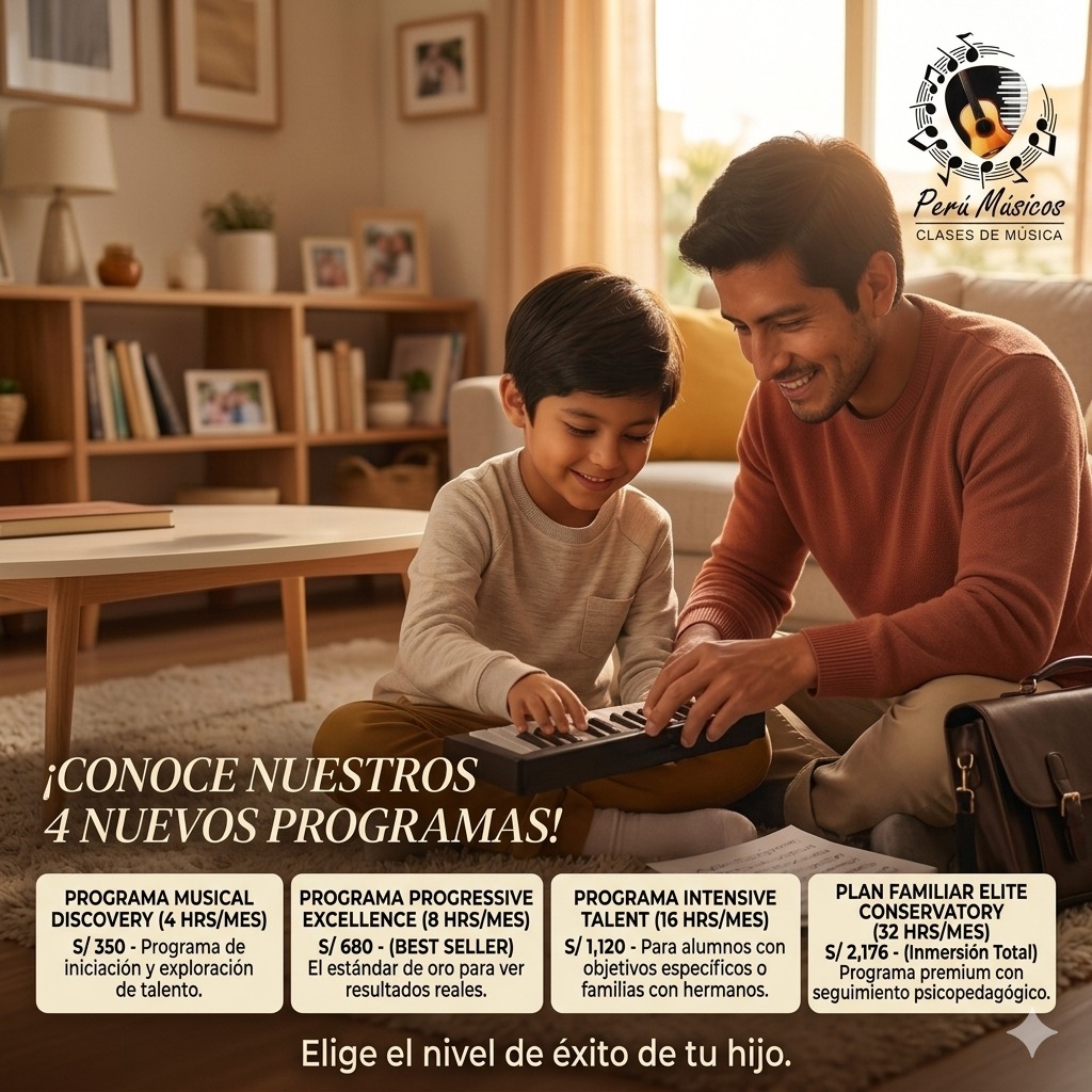 ¿Estás buscando "clases" o estás diseñando el futuro de tu hijo? 🎹
Muchos padres cometen el error de comprar "horas de música" como si fueran un trámite. En Perú Músicos, entendemos que el talento no es una coincidencia, es el resultado de un sistema diseñado para la excelencia.
Hemos simplificado nuestra formación en 4 niveles de alto rendimiento, para que no elijas un precio, sino el nivel de éxito que deseas para tu pequeño:
🔹 Musical Discovery (4h/mes): El primer paso. Ideal para evaluar la afinidad y despertar la curiosidad rítmica. (Inversión: S/ 350)
🔹 Progressive Excellence (8h/mes): Nuestro Best Seller. La frecuencia ideal para que el aprendizaje se convierta en hábito y los resultados sean visibles semana a semana. (Inversión: S/ 680)
🔹 Intensive Talent (16h/mes): El acelerador de talento. Perfecto para objetivos específicos o para que dos hermanos compartan el camino a la maestría. (Inversión: S/ 1,120)
🔹 Elite Conservatory (32h/mes): Inmersión total. El plan para familias que buscan formación de conservatorio, seguimiento psicopedagógico y preparación para recitales. (Inversión: S/ 2,176)
📍 A domicilio en Lima | 💻 Online para todo el mundo.
No importa dónde estés, la metodología que transforma la disciplina en arte llega a tu hogar.💬 Comenta la palabra "TALENTO" y te asesoraremos para elegir el programa ideal para tu familia.
www.perumusicos.com
Reserva tus clases al Whatsapp https://wa.me/51922168421 y https://wa.me/51984150584 ¡Esperamos verte pronto! ✅
#PeruMusicos #EducacionMusical #ClasesDeMusica #PianoADomicilio #GuitarraOnline #DesarrolloInfantil #PNL #MusicaLima #FormacionIntegral #ExitoInfantil