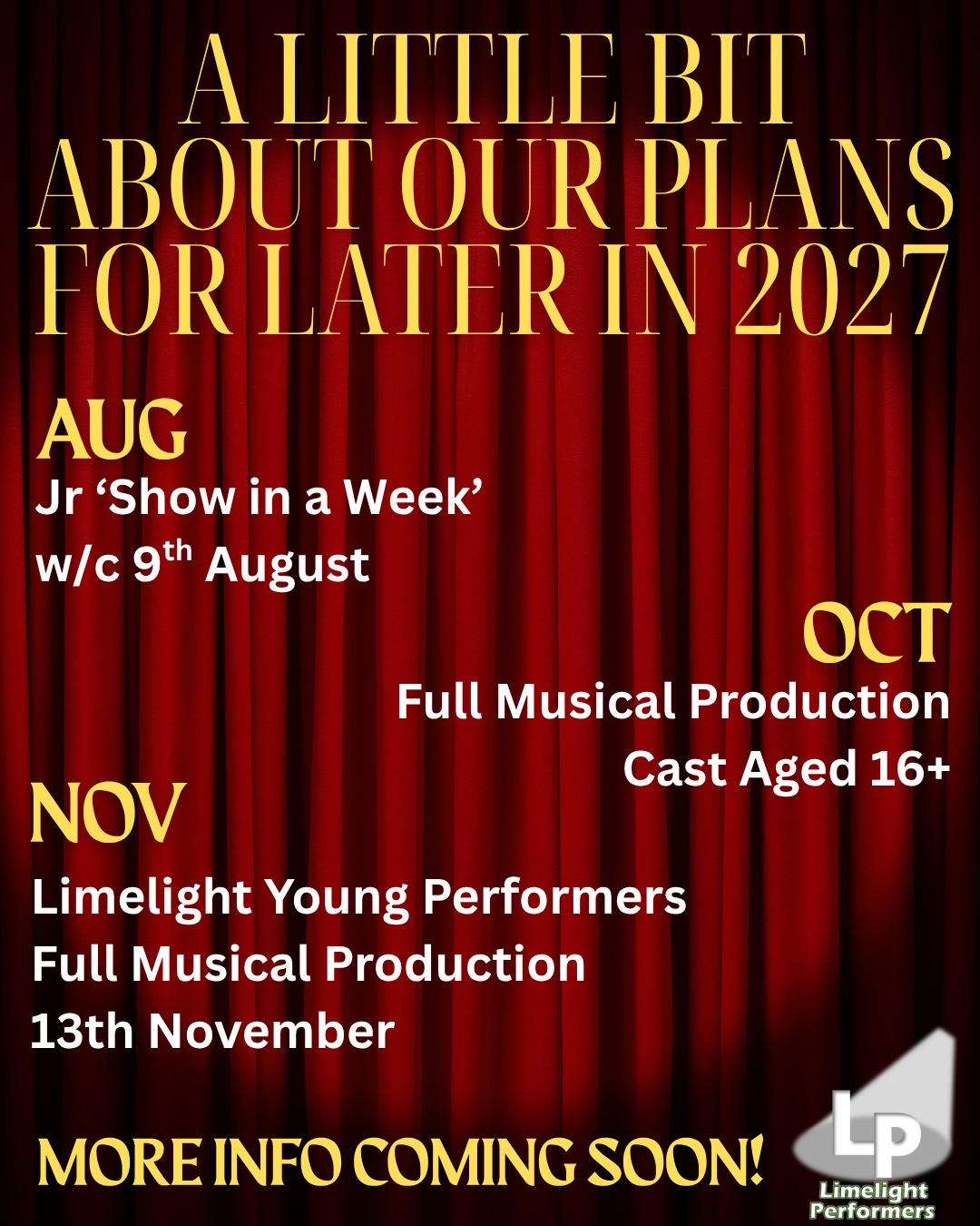 🎭✨ OUR 2027 PRODUCTIONS ARE HERE! ✨🎭
We are SO excited to share our incredible 2027 line-up so far… with a few sneak peeks at what’s still to come later in the year 👀🎶
📅 23rd January
🎤 Jukebox
📍 St Peter’s by the Waterfront
📅 w/c 15th February
🌊 Moana Jr (Show in a Week)
📍 Gallery Studio Theatre
📅 2nd & 3rd April
🎵 13 The Musical
📍 Eastern Angles Centre
📅 1st May
🎶 Limelight Community Voices
📍 St Peter’s by the Waterfront
✨ More exciting productions coming soon… ✨
🎸 July – School of Rock 🤘
🎭 w/c 9th August – Jr Show in a Week 🌟
🎭 October – Full Musical Production for cast aged 16+
🎭 13th November – Limelight Young Performers Full Musical
We can’t wait to share more details with you all — 2027 is going to be AMAZING 💙🎭
Find out more about all our productions here:
🌐 limelightperformers.co.uk/productions
