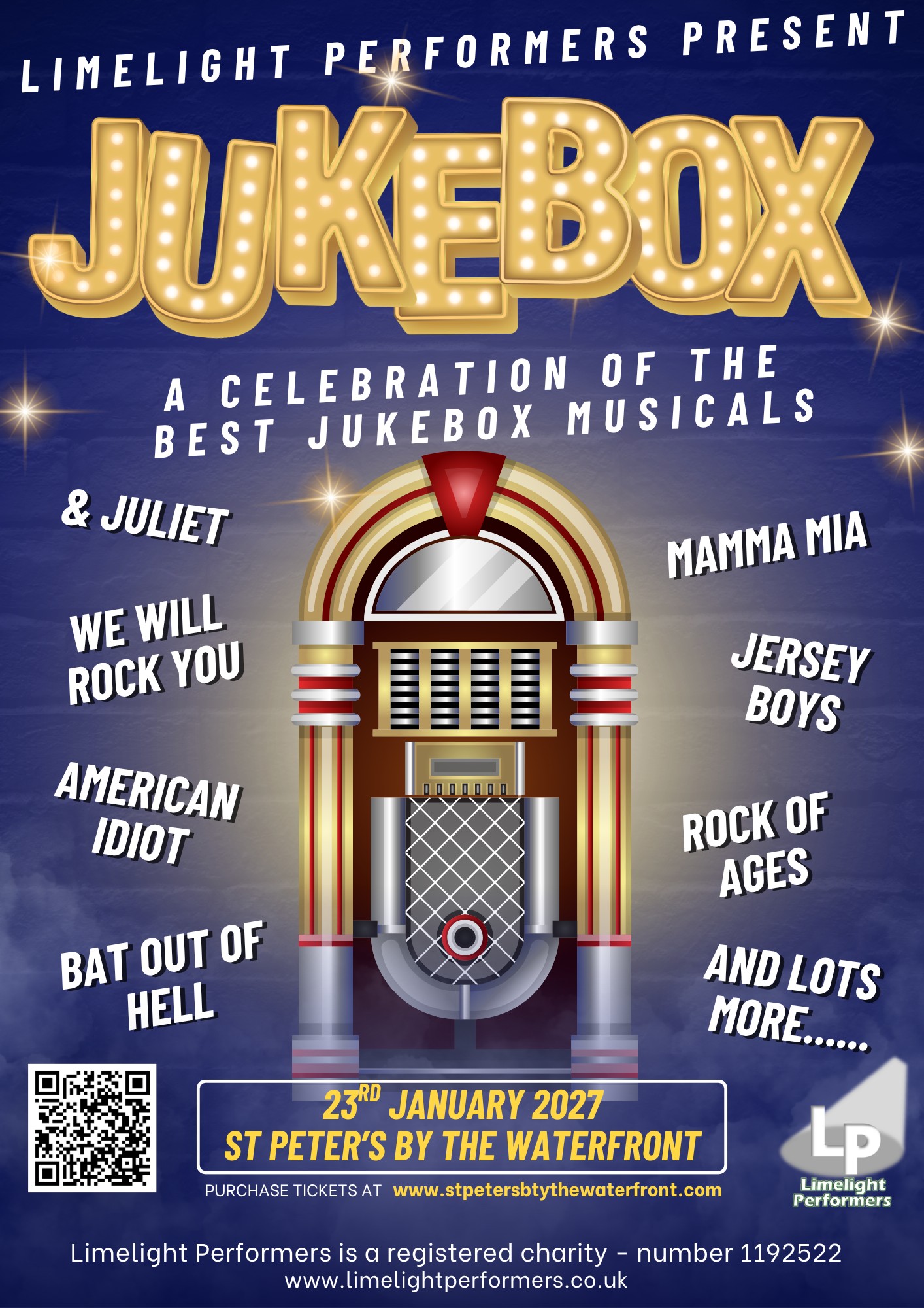 🎶 JUKEBOX – A Celebration of the Best Jukebox Musicals 🎶
📅 Saturday 23rd January 2027
📍 St. Peter’s by the Waterfront
We can’t wait to bring this brand new staged concert to audiences next year! ✨ Following the style of some of our early productions like Musicals Through the Years, Miscast Musicals, All Together Now, and Limelight at the Movies, this show will feature all your favourite Jukebox Musical hits! 🎤💃🕺
This fully choreographed and staged performance will combine an adult cast with the amazing Limelight Young Performers, performing songs from shows such as:
🎵 Mamma Mia
🎵 & Juliet
🎵 We Will Rock You
🎵 Jersey Boys
🎵 American Idiot
🎵 Rock of Ages
🎵 Bat Out of Hell
…and so many more!
We’re currently looking for creative team members to help bring this show to life! ✨ Find out more & apply here: limelightperformers.co.uk/post/jukebox
Want to perform on stage? 🎭 Register your interest for the adult cast (16+) at the link above too – open auditions coming later in the year!
💥 Who’s ready to sing, dance, and ROCK with us?! 🤩