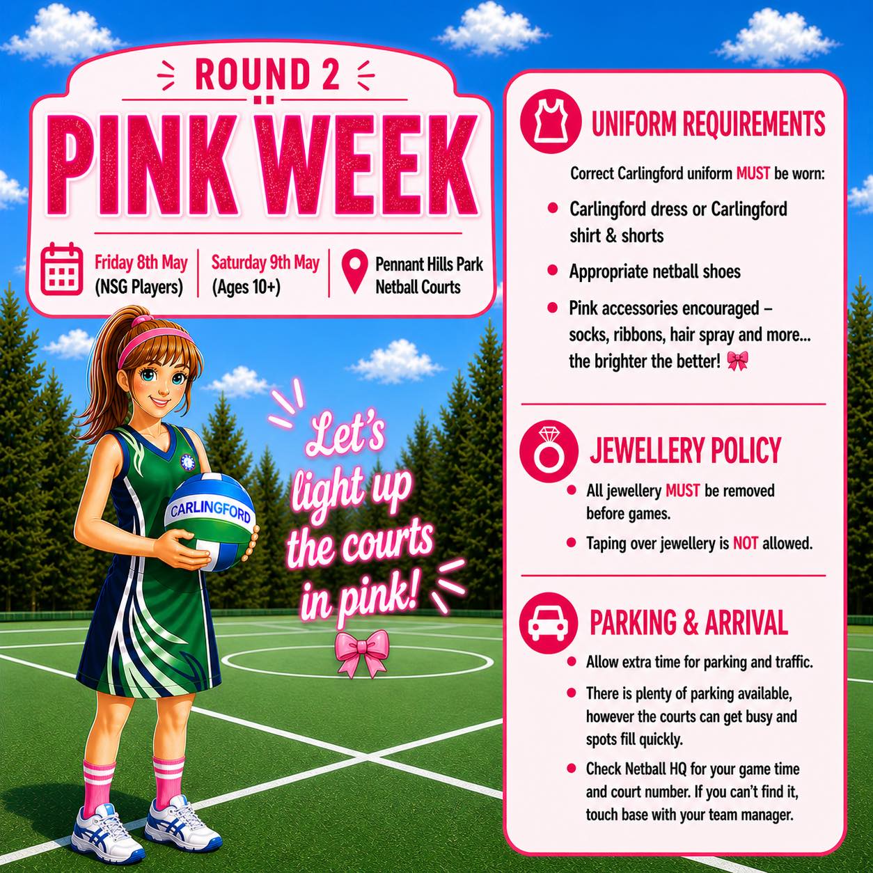 ๐ฉท ROUND 2 โ PINK WEEK ๐ฉท
Round 2 is our Pink Sports Weekend, where we come together to support Breast Cancer Network Australia.
We encourage all players to add a touch of pink this weekend โ whether itโs pink socks, ribbons, hair accessories or moreโฆ the brighter the better! ๐
๐ Friday 8th May (NSG Players)
๐ Saturday 9th May (Ages 10+)
๐ Pennant Hills Park Netball Courts
๐ Support the cause:
HDNA has an online fundraising page where you can make a tax-deductible donation and leave a message of support or dedication.
Donations will also be collected on the day โ with both cash and online options available.
https://pinksportsday2026.bcna.org.au/o/hdna-play-4-bcna-round
Letโs come together and light up the courts in pink ๐
#PinkWeek #NetballForACause #BCNA #CarlingfordNetball #HDNA #PlayInPink #CommunitySport #NetballFamily