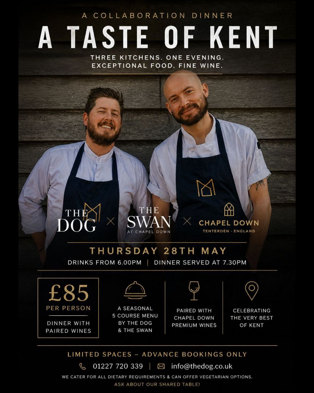 We can't wait to welcome @the_swan_wine_kitchen & @chapeldown to The Dog for our next collaboration dinner! ✨
This is sure to be an outstanding evening of amazing food paired with exceptional local wines 🍷
We have very limited places left, email info@thedog.co.uk or call us on 01227 720339 to bag the final spots or to add your name to the list to be first in line for a table on our return visit!
#thedogatwingham #top50gastropubs #atasteofkent #visitkent #collaborationdinner