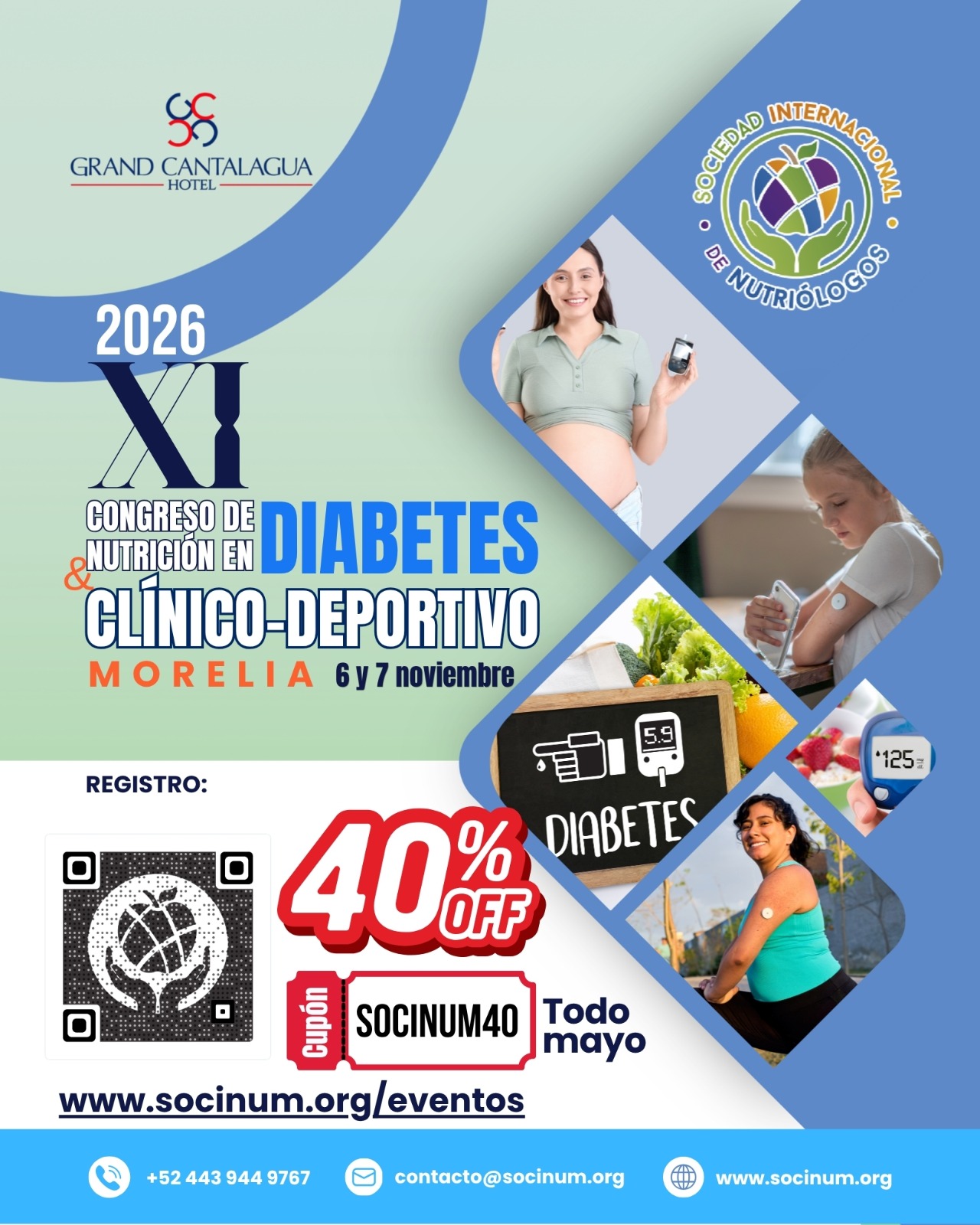 🦋 XI Congreso de Nutrición en Diabetes Clínico-Deportivo 🦋
Morelia⛪ Presencial
📆6 y 7 de noviembre 2026 Hotel sede: Grand Cantalagua Hotel Morelia
⭕Registro en: https://www.socinum.org/event-details/xi-congreso-de-nutricion-en-diabetes-clinico-deportivo
💫 Código: SOCINUM40 (valido todo mayo)
✅Escríbenos vía WhatsApp para más detalles👇🏽
https://wa.me/5214439449767
👥 𝑪𝒖𝒑𝒐 𝒍𝒊𝒎𝒊𝒕𝒂𝒅𝒐.👥
💥Incluye:
📌Kit de bienvenida (presencial)
📌Asistencia al Congreso los dos días 🤓
📌Coffe Break☕ (presencial)
📌 Constancia: con Microcredencial de 18 horas de valor curricular ideal para tu crecimiento y acreditación profesional.
📌Sorpresas de patrocinadores
#xicongresodenutriciónDiabetescrinicodeportivo #nutricionydiabetes #congresodenutrición #nutriciónysalud #CongresodeNutrición #NutriciónySalud #CongresoenMorelia #DeporteDiabetesyNutrición