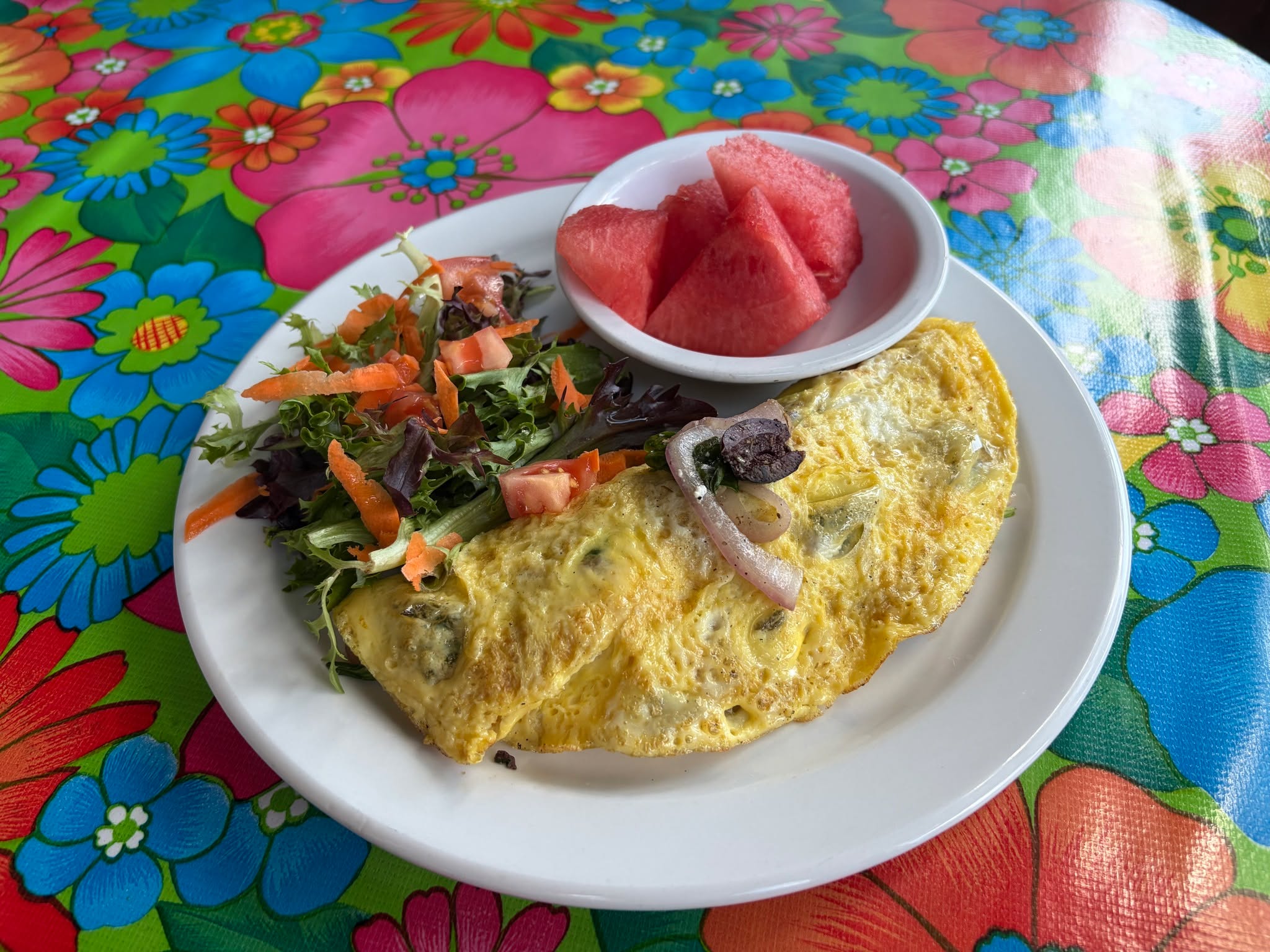 Mother's Day Weekend Special (May 9-10): Mediterranean omelette...Omelette with sautéed spinach and red onion, Kalamata olives and feta cheese served with a side salad and watermelon. To your health! "Kali orexi" (enjoy your meal)!