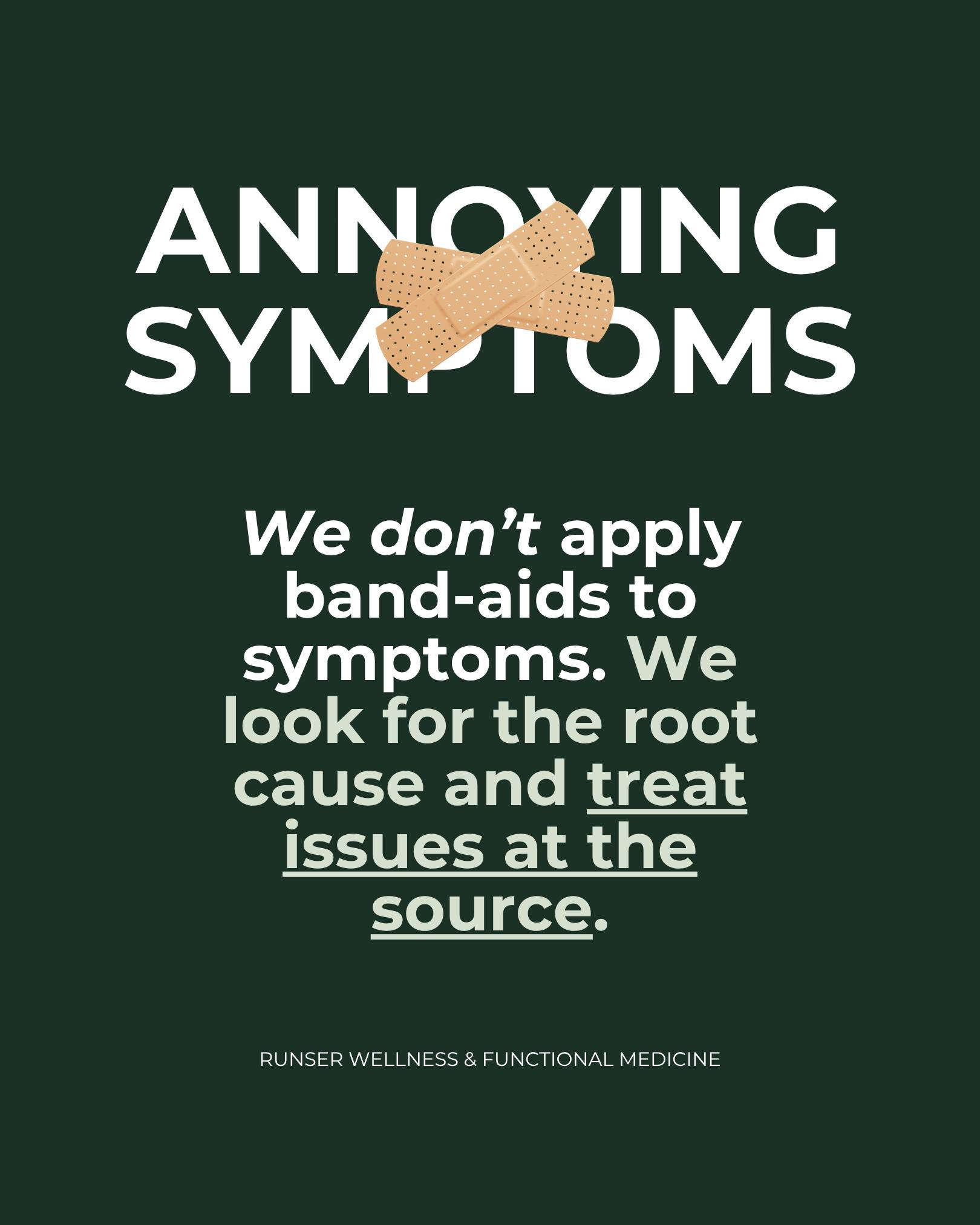 At Runser, we believe in tackling issues at their root, not just applying Band-Aids to symptoms.
While quick fixes may provide temporary relief, true solutions come from understanding and addressing the underlying causes.
Our approach focuses on deep-rooted issues, ensuring lasting change and improvement.
Let’s invest the time and effort to treat the source—because that’s where real healing begins!