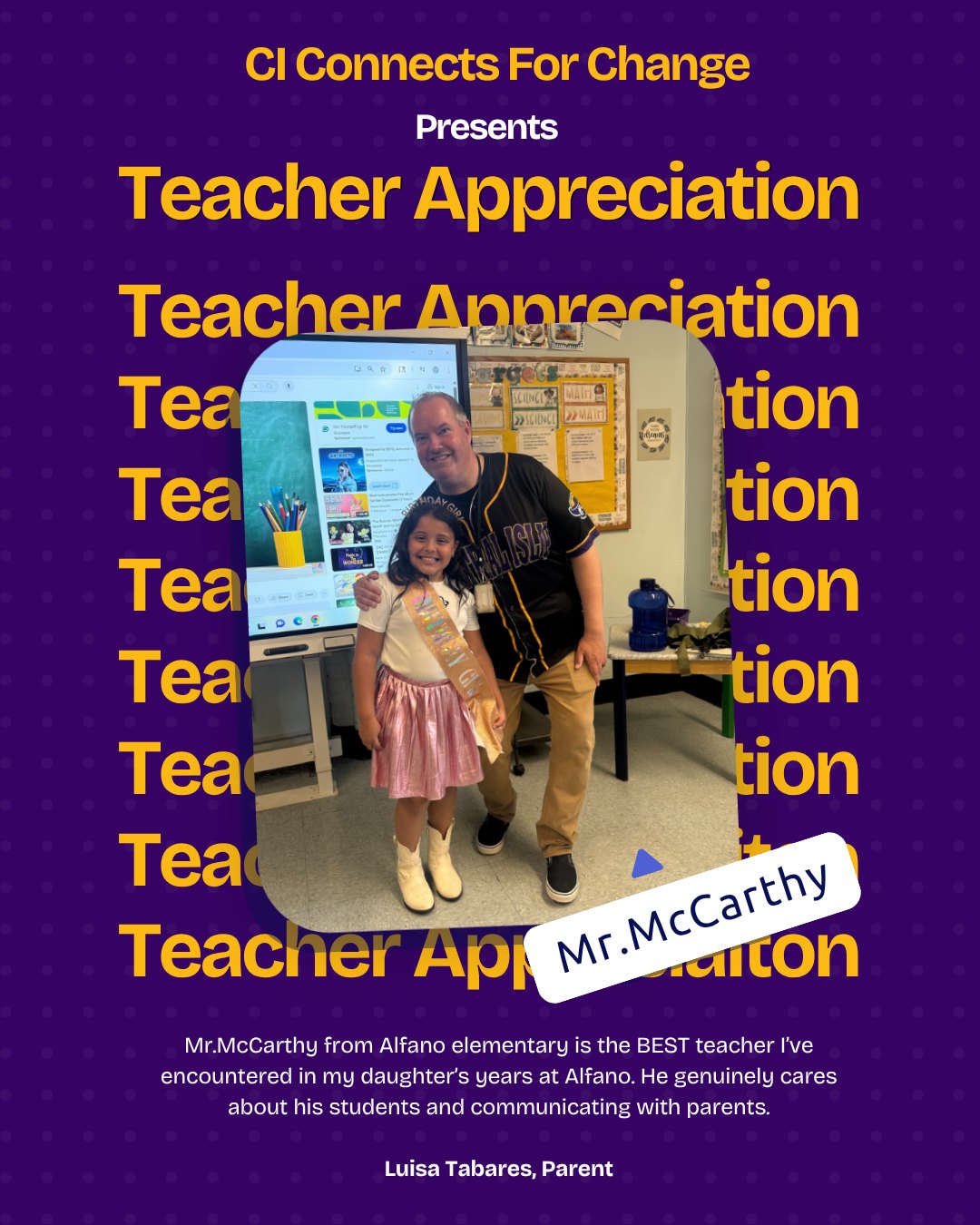 Mr. B. McCarthy from Alfano elementary is truly the BEST teacher I’ve encountered in my daughter’s years at Alfano. He genuinely cares about his students, taking the time to understand their individual needs and learning styles and communicating with parents in a way that's both informative and supportive. His dedication to providing a nurturing and engaging learning environment is evident in everything he does, from lesson planning to classroom management. He's a true asset to the school !