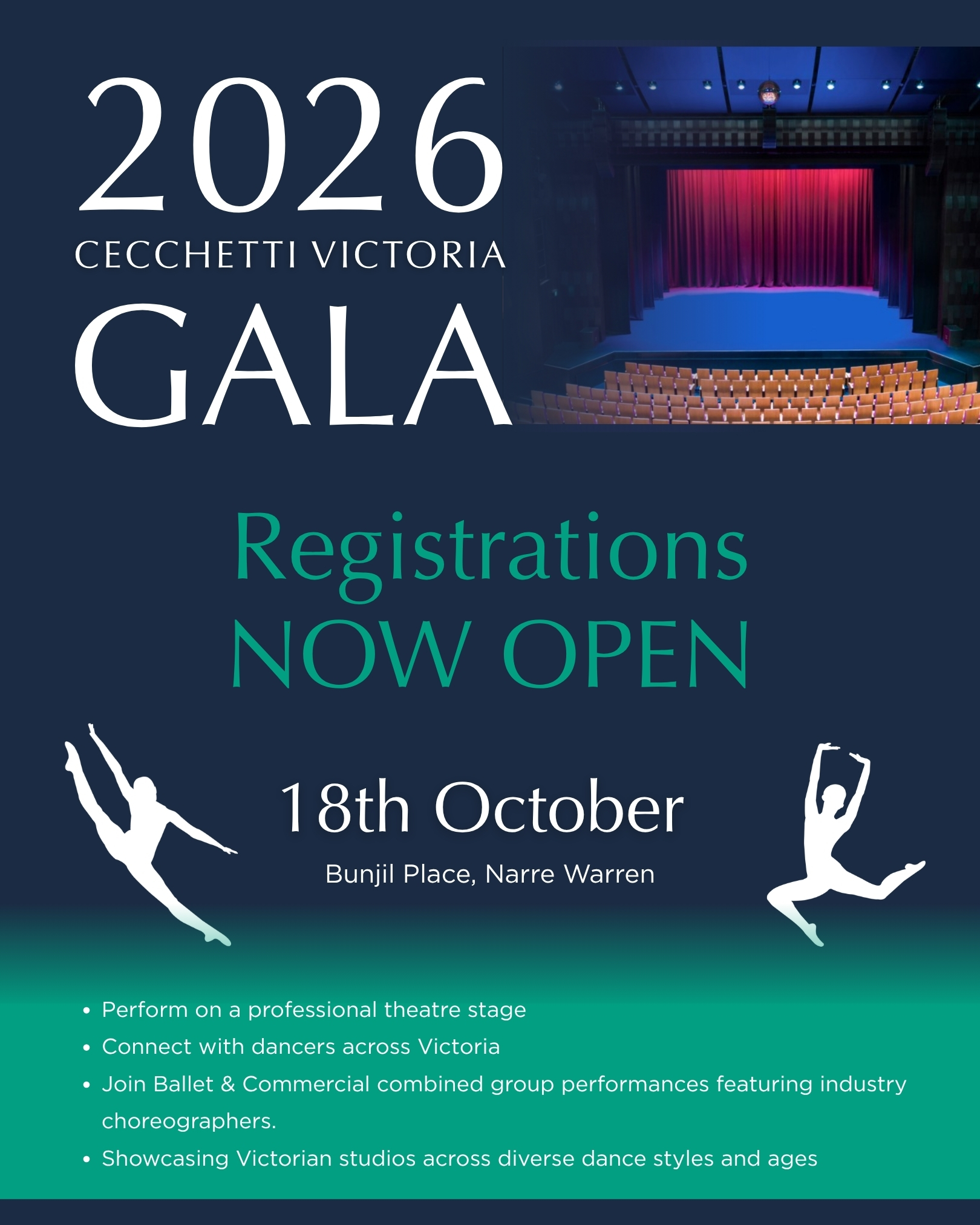 Join us this October for the 2026 Cecchetti Victoria Gala 🪩🕺🌟
Studios from across Victoria have already submitted routines, and individual students are now invited to register for guest-choreographed combined performances.
Registrations now open — limited spots available! Secure your place today:
🌟Ballet (Cecchetti Grade 4 and above): https://www.trybooking.com/DLOQN
🌟Commercial (Ages 9+): https://www.trybooking.com/DLNIC
❓ Enquiries: cecchettivictoriagala@outlook.com
📸 Photo credit: Bunjil Place Theatre