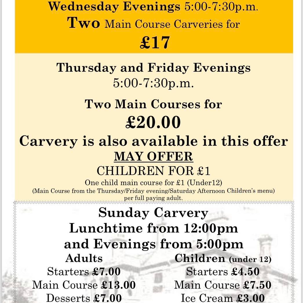 Thursday and Friday Evenings
2 Main courses including carvery for £20
Kids special in May - Main course for £1 (see terms)
01900 824400
#carvery #thursday #£1
01900 824400