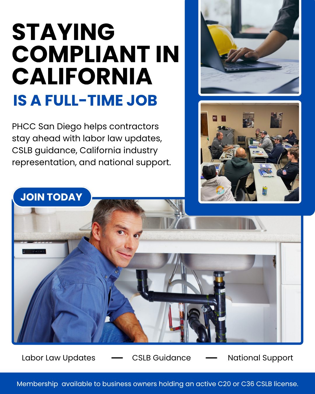 California compliance shouldn't fall entirely on you. PHCC members get labor law updates, CSLB support, and representation at state and federal levels — all included. Link in bio.