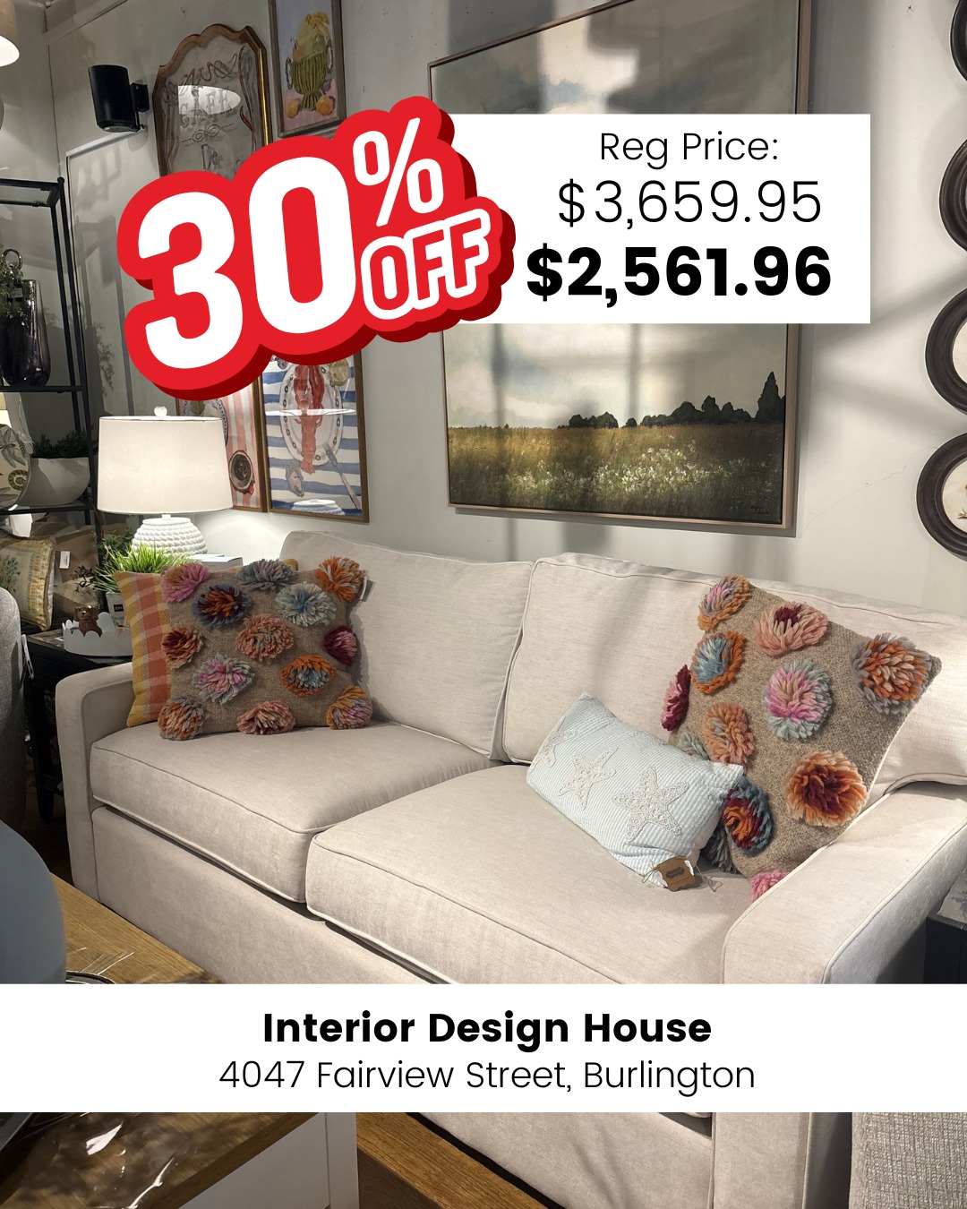 š£ BIG UPHOLSTERY SALE ON NOW! š£
Save up to 70% on select sofas, ottomans, sectionals and armchairs.
š4047 Fairview Street, Burlington
šwww.interiordesignhouse.com