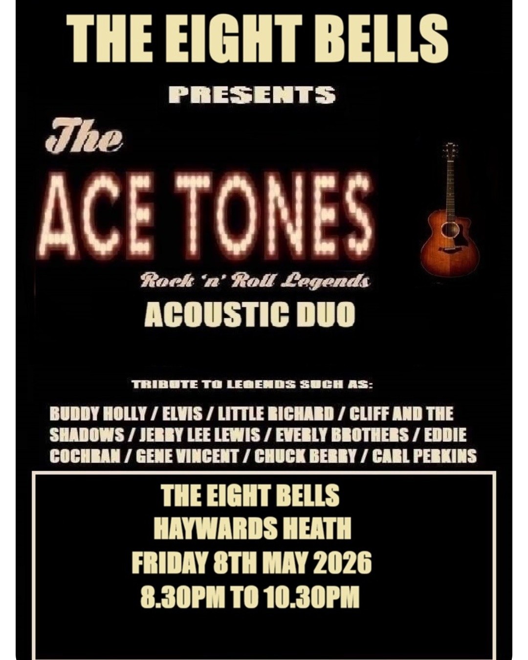 🎸🍻 ROCK ‘N’ ROLL NIGHT AT THE EIGHT BELLS! 🍻🎸
Come and join the team Friday 8th May at The Eight Bells for a night of live music, dancing, and good times with 🎶 The Ace Tones 🎶
💃 From 8:30pm ‘til late 😎
Expect classic rock & roll vibes, cold drinks, and maybe even a few questionable dance moves from the staff… 👀
And if nothing else… pop in just to see what fabulous 50’s gear the team turn up in 🫣✨
See you there! 🍔🍺🎶