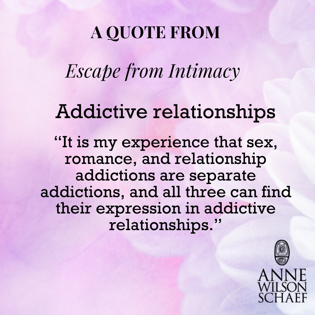 “It is my experience that sex, romance, and relationship addictions are separate addictions, and all three can find their expression in addictive relationships.” #addictionrecovery #codependency #sexaddictionrecovery