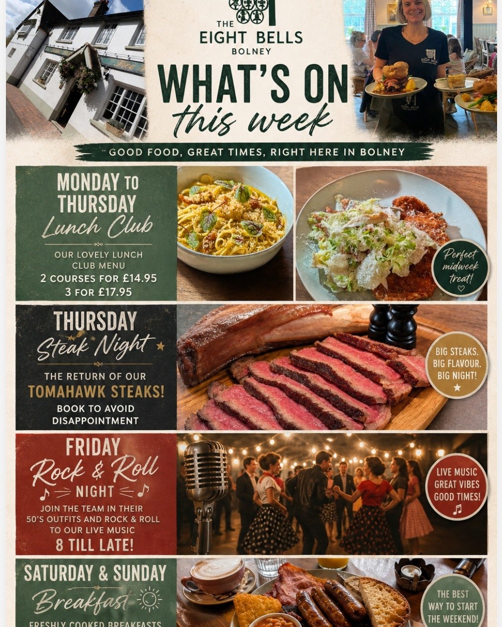 ✨ What’s On This Week at The Eight Bells, Bolney ✨
Join us for another fantastic week of food, music & great times! 🍽️🎶
🍴 Monday–Thursday Lunch Club
Enjoy our lovely lunch club menu every week
• 2 Courses for £14.95
• 3 Courses for £17.95
🥩 Thursday Steak Night
The return of our famous Tomahawk Steaks!
Book now to avoid disappointment!
🎵 Friday Night Live Music
Rock and roll with us from 8pm till late
Our team will be dressed in their best 50’s outfits! 💃🕺
🍳 Weekend Breakfasts
Freshly cooked breakfasts served
Saturday & Sunday | 8:30am–11am
📍 The Eight Bells, Bolney
Book your table now and join us for a brilliant week!
#TheEightBells #BolneyPub #WhatsOnBolney #LunchClub #SteakNight #LiveMusic #WeekendBreakfast #SussexPubs