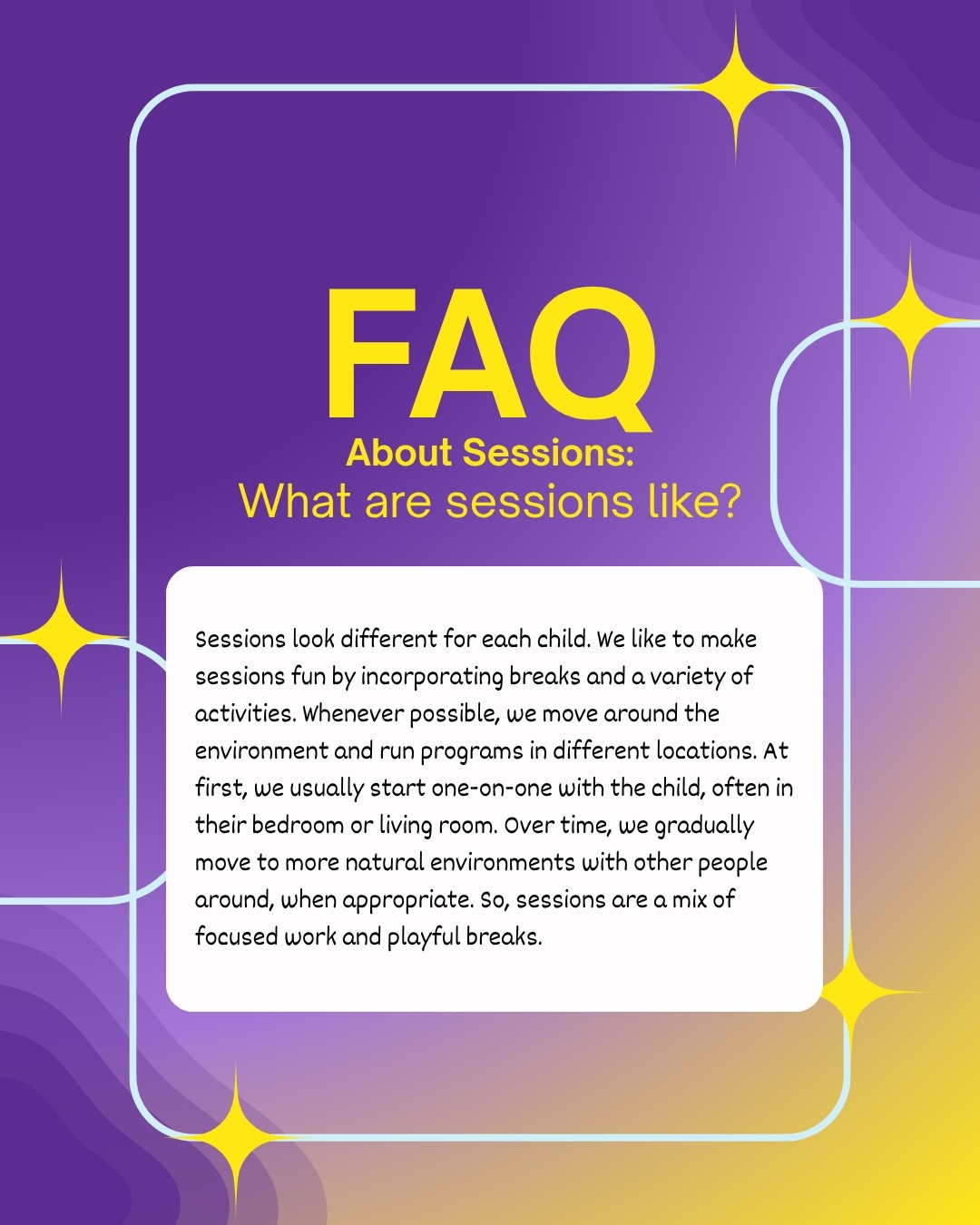 Got questions about what happens during our sessions? We’ve got answers! 💡
To read our full FAQ and learn more about our approach, please visit our website! 💻
💌 Want more helpful resources? Subscribe to our quarterly newsletter! It is packed with our most up-to-date educational tips, community events, and supportive resources delivered right to your inbox. Tap the link in our bio to sign up today or visit www.achievingabilities.com/connect
Disclaimer: This content is for educational purposes only, does not depict actual clients, and is not intended as medical advice. Please consult your healthcare provider for individualized care.
#AchievingAbilities #AutismSupport #TherapyFAQ #Neurodiversity #PlayBasedLearning #AutismFamily #CommunityCare #ParentResources