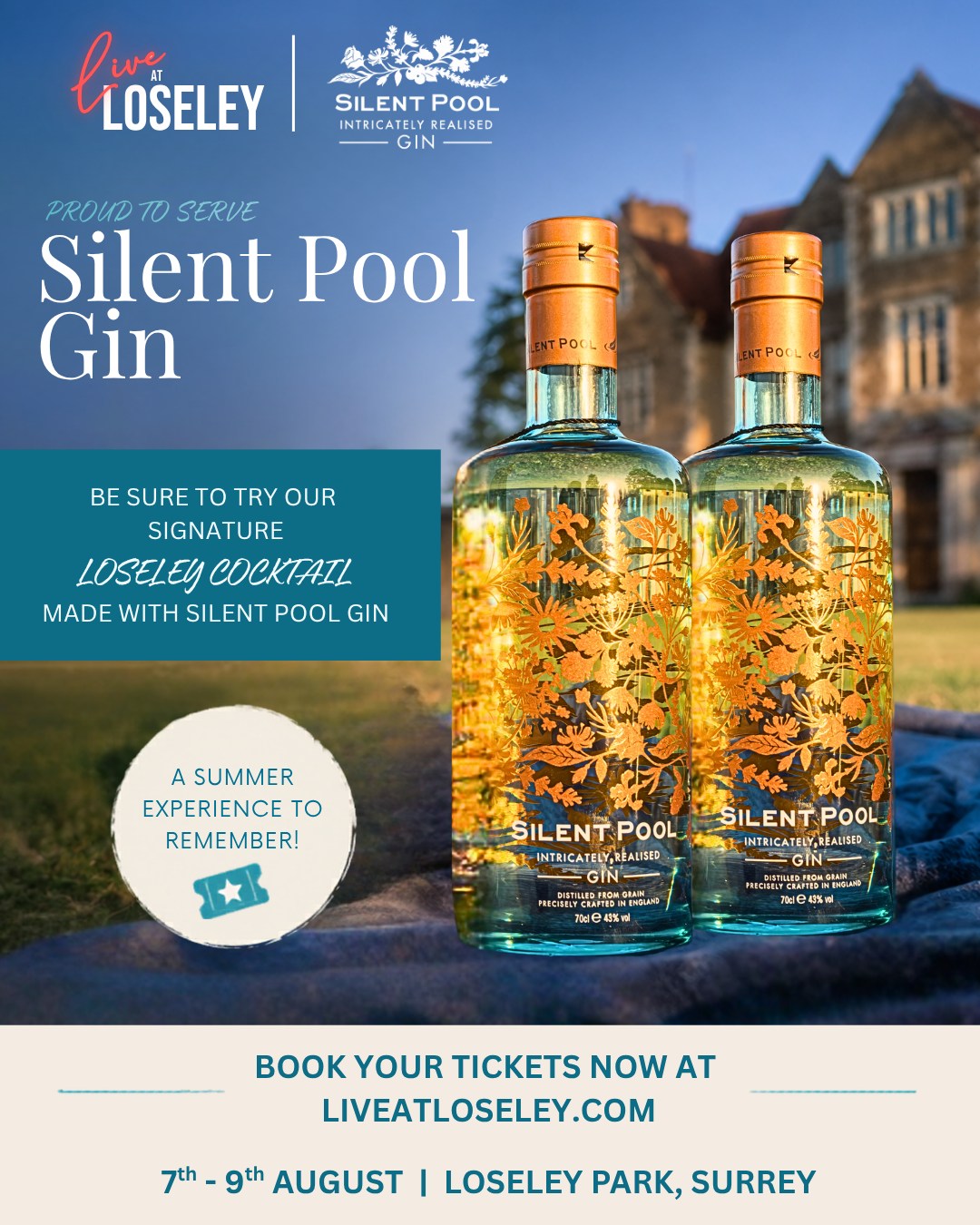 Proud to welcome back @silentpooldistillers as one of our Drinks Sponsors for Live at Loseley 2026 🍸
You’ll find Silent Pool Gin flowing all weekend at both the exclusive Loseley Garden Lounge Bar and Main Bar - perfectly served for summer evenings in the Loseley grounds.
Make sure you try our signature Loseley Cocktail - crafted with Silent Pool Gin and made for long, warm nights under the stars.
Surrey crafted. Beautifully served. Made for summer.
@silentpooldistillers #Silentpoolgin #gin #signaturecocktail #liveatloseley
