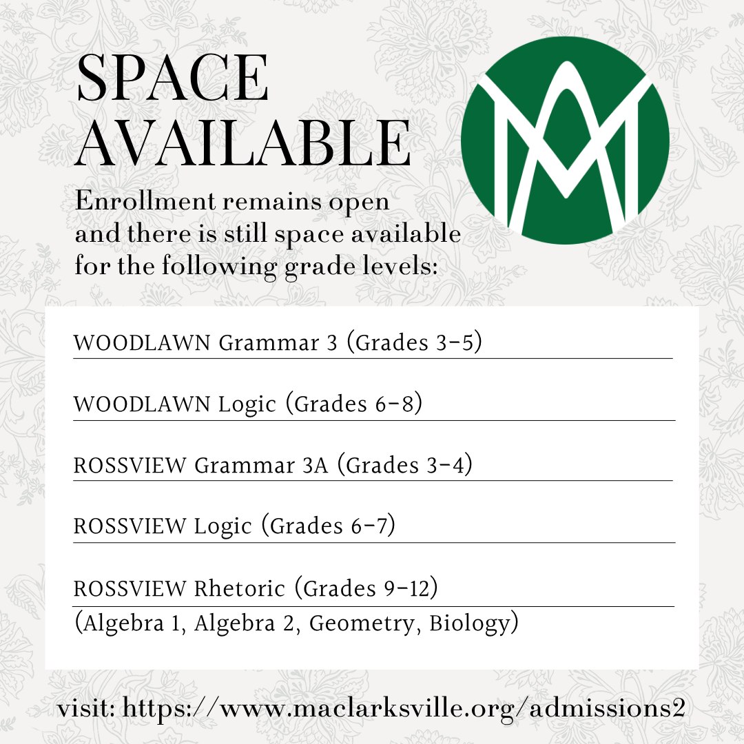 Enrollment is STILL OPEN for the following grade levels!
Now enrolling students for the upcoming school year — we would love to welcome your family into our community! 📚🍎
Spots are limited and grade levels may fill quickly.
Visit link in profile to apply today!