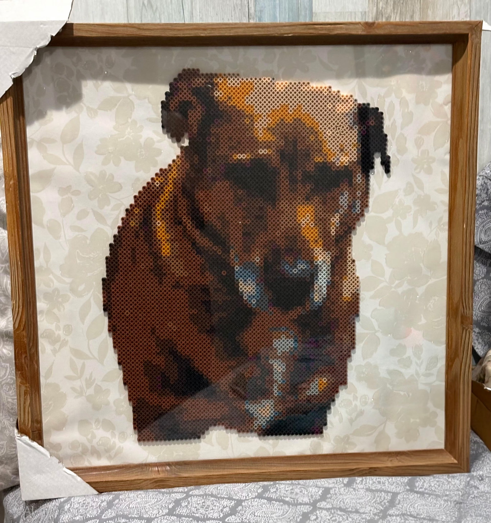 This project contains approximately 4,480 beads and took me 18 hours to complete. I am not sure what the frame size is.
