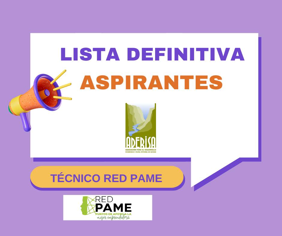 📢 Ya está publicada en nuestra página web la LISTA DEFINITIVA DE ASPIRANTES PARA LA PLAZA DE TÉCNICO/A RED PAME.
ℹ https://www.aderisa.es/mujerrural