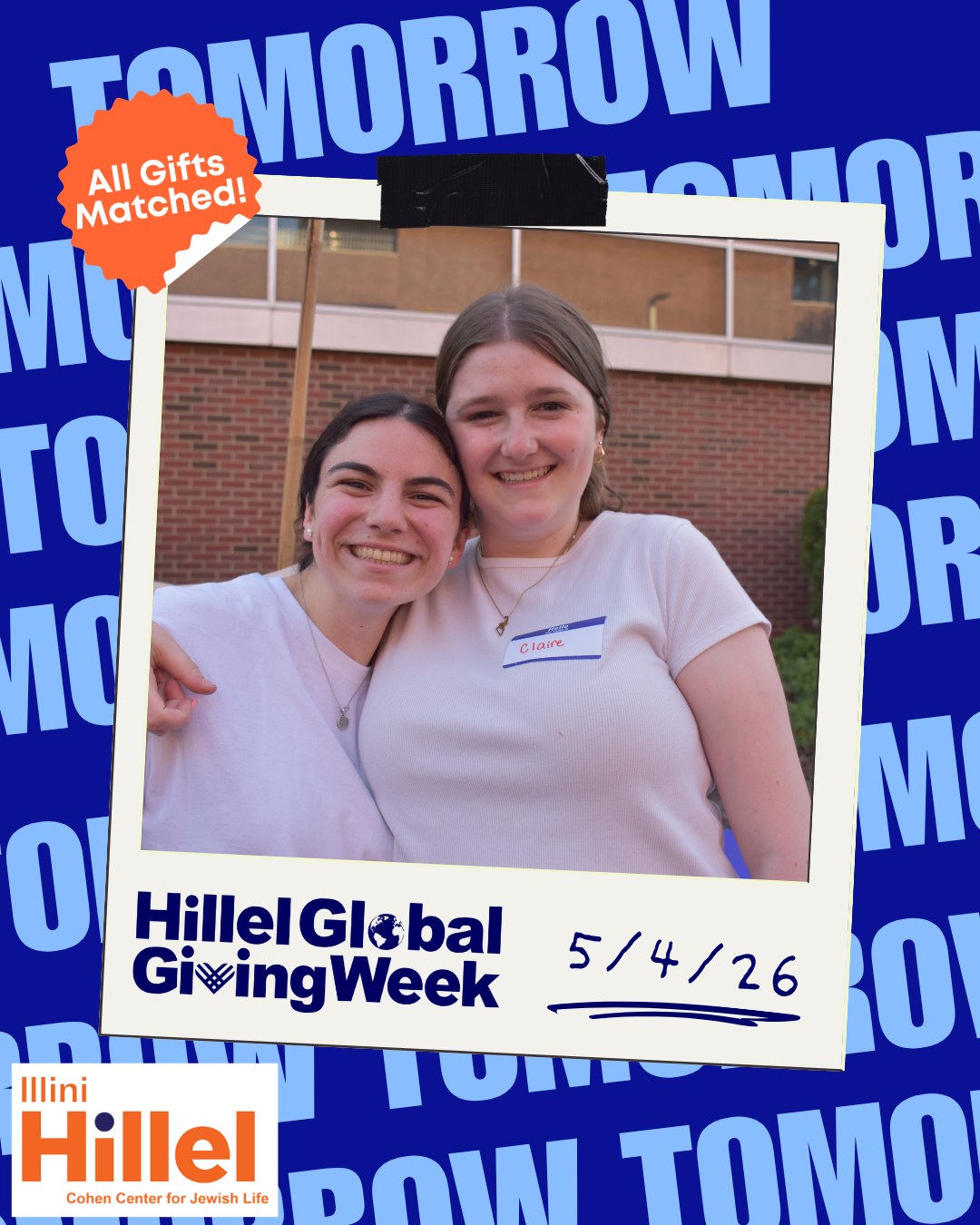 I-L-L!
I-N-I!
Hillel Global Giving Week officially begins TOMORROW! Get ready for a week celebrating Jewish students, wins from campus, and Jewish Joy across the Hillel movement.
This week, your gift to Illini Hillel is matched, doubling your impact for Jewish students at the University of Illinois Urbana-Champaign. Help us start the week off strong by sharing this post to spread the word and make your early gift today at https://donate.illinihillel.org.
