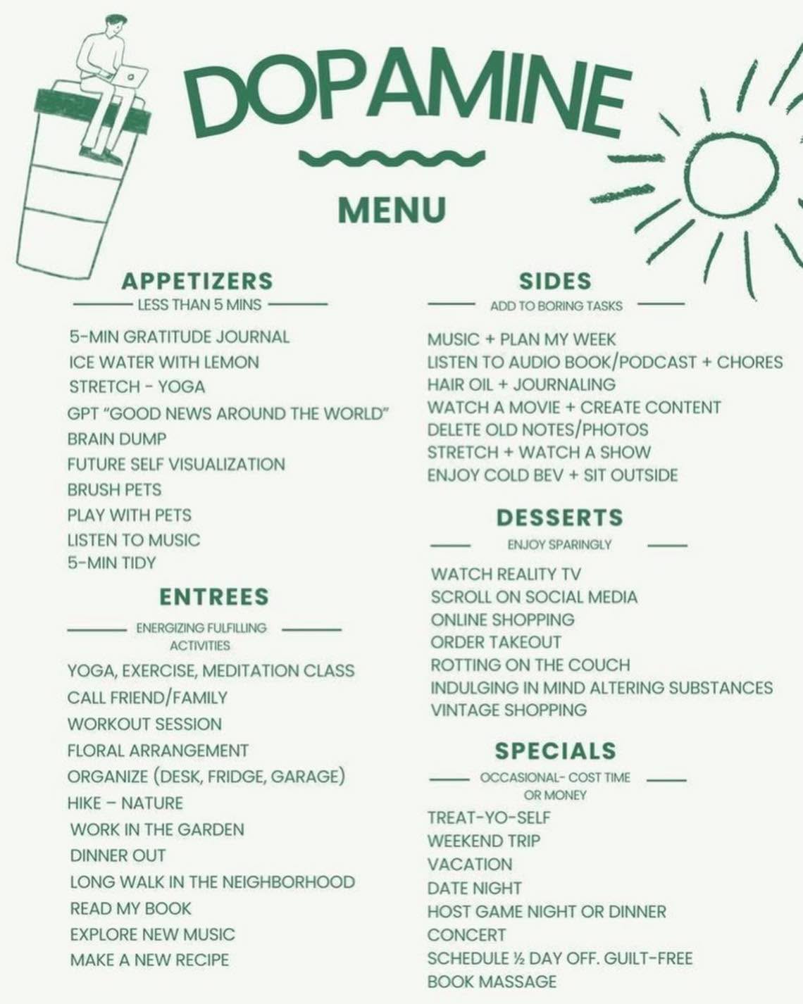 It’s time for another Dopamine Menu—your go-to list of simple, holistic ways to boost mood, motivation, and energy without the crash.
Balance is key—we want more of the nourishing dopamine and less dependence on the quick hits.
Your brain isn’t broken—it just needs intentional inputs.
What’s on your dopamine menu today?