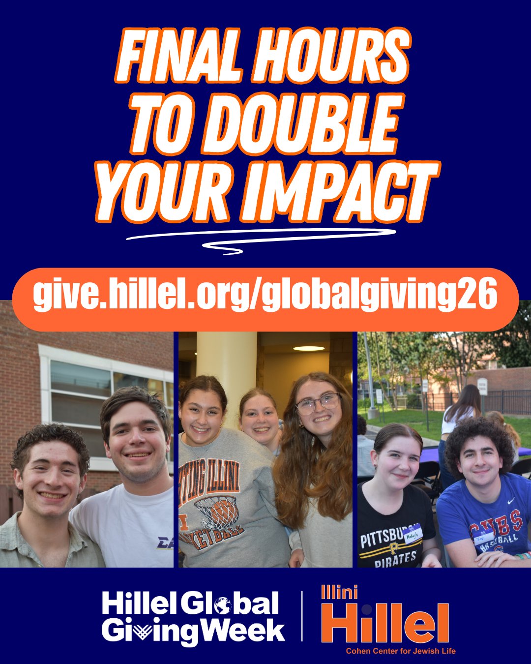 With just a few hours left before #HillelGlobalGivingWeek comes to a close, this is your last chance to show Jewish Illini you stand with them, no matter what challenges they may face.
Your gift today ensures Illini Hillel remains a home away from home for Jewish students. Please make your gift now – every dollar counts, and time is running out to match your donation: https://give.hillel.org/globalgiving26 thank you for your support!