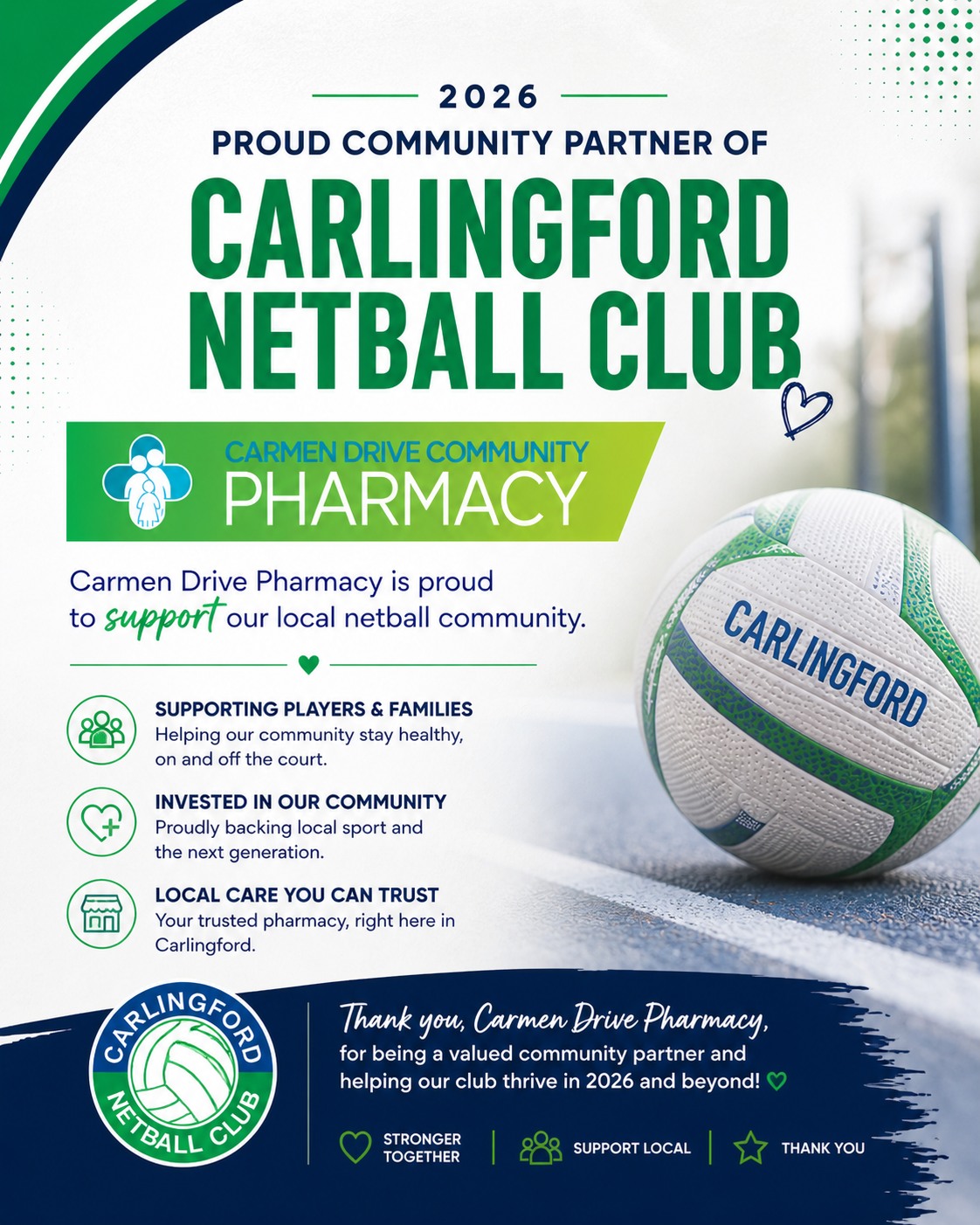 ๐ Stay Healthy This Flu Season ๐
A huge thank you to our amazing community partner, Carmen Drive Community Pharmacy, for supporting Carlingford Netball Club in 2026!
As winter sport season continues, keeping our players, families, coaches and supporters healthy is more important than ever. ๐
Visit the friendly team at Carmen Drive Pharmacy for your flu vaccination, health advice and all your familyโs pharmacy needs this flu season.
โ๏ธ Local care you can trust
โ๏ธ Supporting our netball community
โ๏ธ Helping keep families healthy on and off the court
Letโs work together to keep our Carlo community safe, healthy and game ready this season! ๐๐
#CarlingfordNetball #SupportLocal #CommunityPartner #FluSeason #CarmenDrivePharmacy #HealthyCommunity #NetballFamily #carlingford #carlonetball