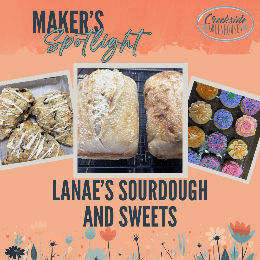 🌸Welcome Back - LaNae's Sourdough and Sweets🌸
Hi I’m LaNae, the owner of LaNae’s Sourdough and Sweets, located north of Pennock. I specialize in all things sourdough and other baked goods such as…cupcakes, bars, cookies, white bread, Hawaiian rolls, cakes, and more. You can find me at various vendor shows throughout the year, or you can checkout my Facebook page to order from me directly.
At Creekside Greenhouses for our Maker's Market on Sat May 16th 9a-2p.
#creeksidegreenhouses #creeksidemakersmarket #creeksidegreenhousesmn #creekside #flowerpower #makersgonnamake #makerspotlights