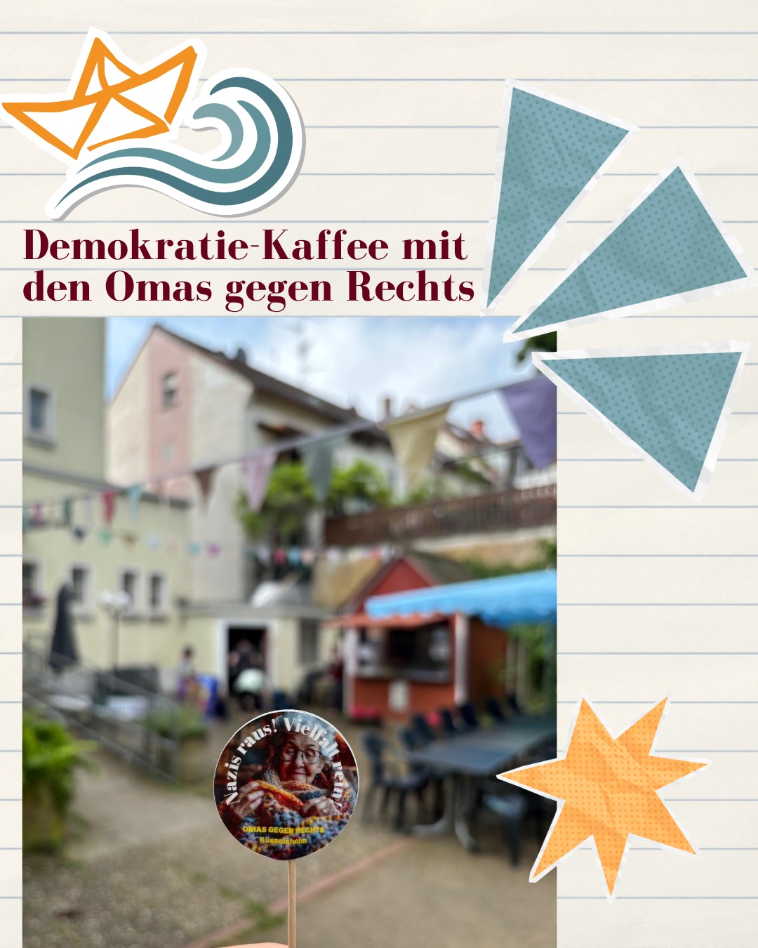 Demokratie-Kaffee gefällig? ☕ Die Omas gegen Rechts Rüsselsheim laden euch ein in den wunderschönen Garten vom Haus der Senioren. Am 14. Mai könnt ihr zwischen 14 und 17 Uhr Kaffee, Brettspiele, Kuchen und gute Gespräche über Demokratie, gesellschaftlichen Zusammenhalt und politische Teilhabe genießen. Die Omas gegen Rechts setzen sich als zivilgesellschaftliche Institution parteiunabhängig für Demokratie und Menschenrechte und gegen Rechtsextremismus ein, es wird also ein sehr guter Nachmittag! Die Veranstaltung richtet sich an alle Interessierte und bietet Raum für Austausch und Diskussion.
.
.
#belrfestival #festival #rüsselsheim #belr #sturmfrei