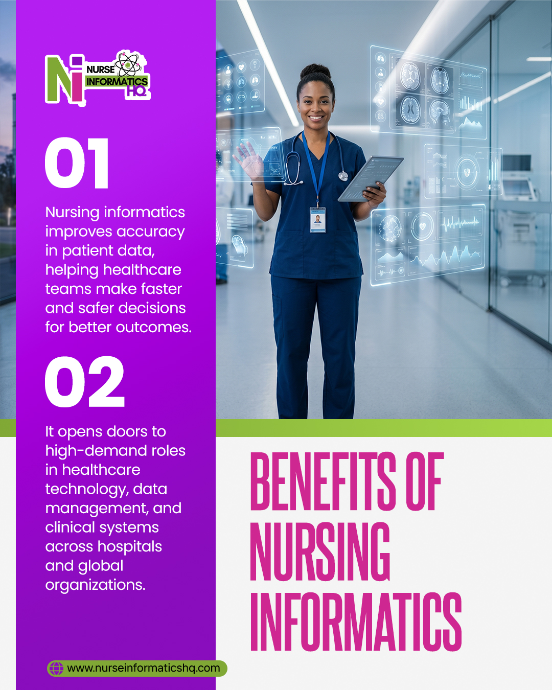 💡 BENEFITS OF NURSING INFORMATICS 💡
Discover how technology is transforming healthcare—and your career.
1️⃣ Improved accuracy in patient data
Make faster, safer decisions with reliable, real-time information that enhances patient outcomes.
2️⃣ High-demand career opportunities
Step into roles in healthcare technology, data management, and clinical systems across hospitals and global organizations.
Blend care with innovation and become part of the future of healthcare.
🌐 Learn more: www.nurseinformaticshq.com
#NursingInformatics #HealthcareInnovation #DigitalHealth #NursingCareers #HealthTech #FutureOfHealthcare #DataInHealthcare #CareerGrowth