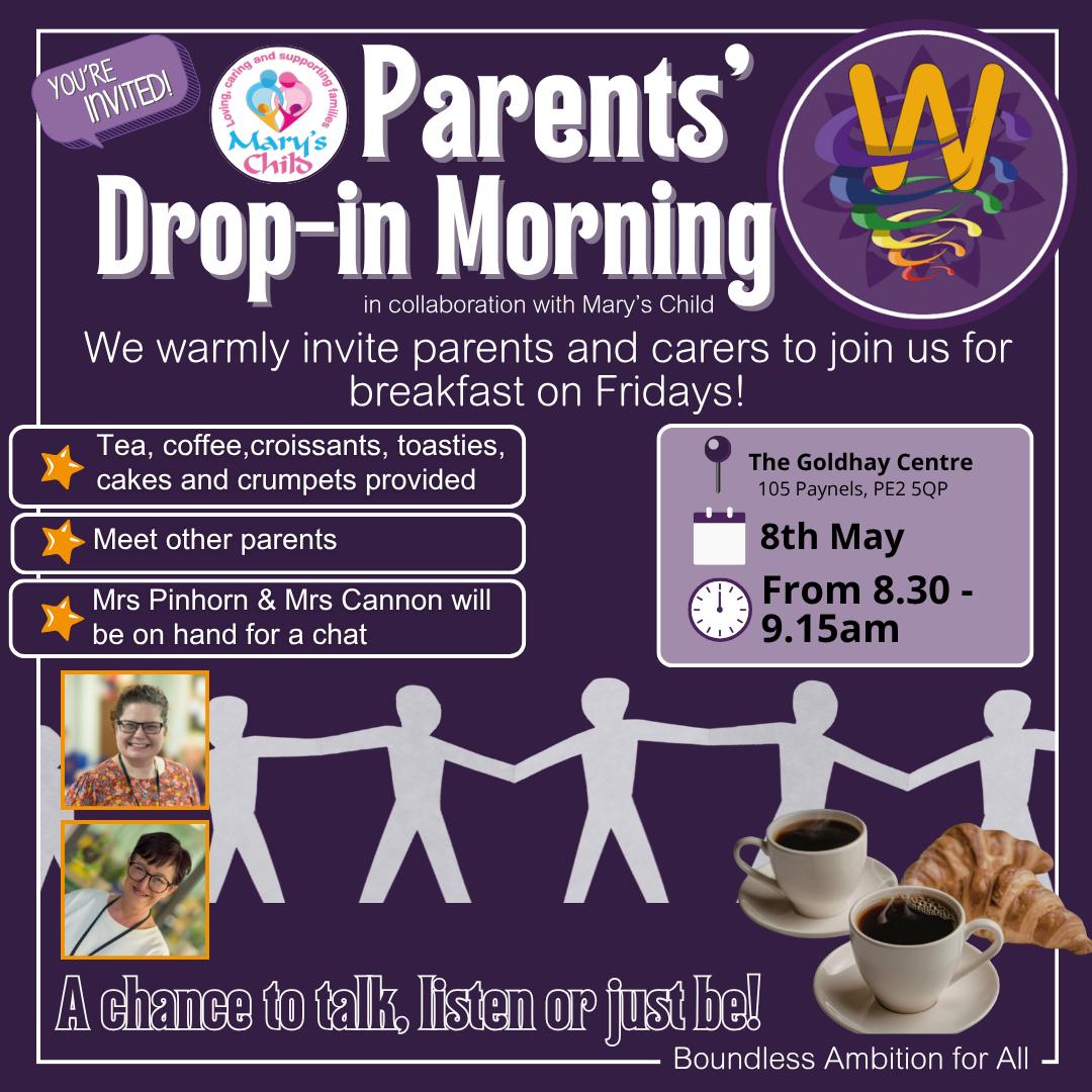 📆 Save the date!
Friday 8th May from 8.30am our Parents' Drop-in Morning at The Goldhay Centre.
Everyone welcome ☺️
.
.
.
#dropin #schoolcommunity #goldhaycentre #breakfastonfridays #winyates