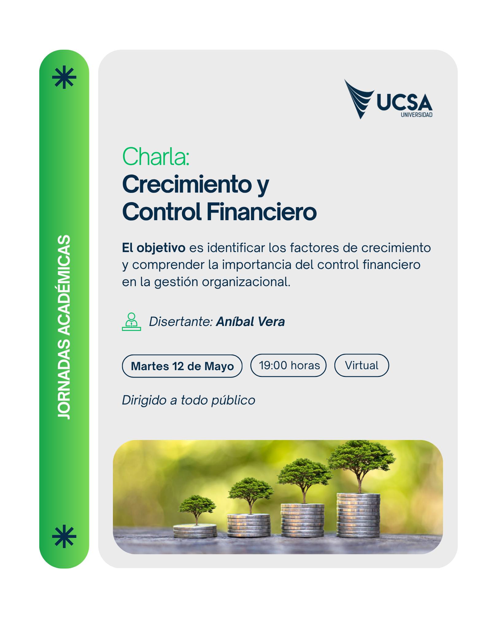 Jornadas académicas - Mayo 2026 🤩
Te invitamos a la charla:
Crecimiento y Control Financiero
👩🏻🏫 Disertante: Anibal Vera
🗓️ Fecha: Martes 12 de Mayo
🕣 Hora: 19:00 H
💻 Modalidad: Virtual
✔️Validez 1 hora de extensión académica
🔗 Inscribite en el link de nuestra BIO!
→ https://forms.gle/EMubGMnubxcxhMxF9
#UCSA El futuro está en tus manos 🙌