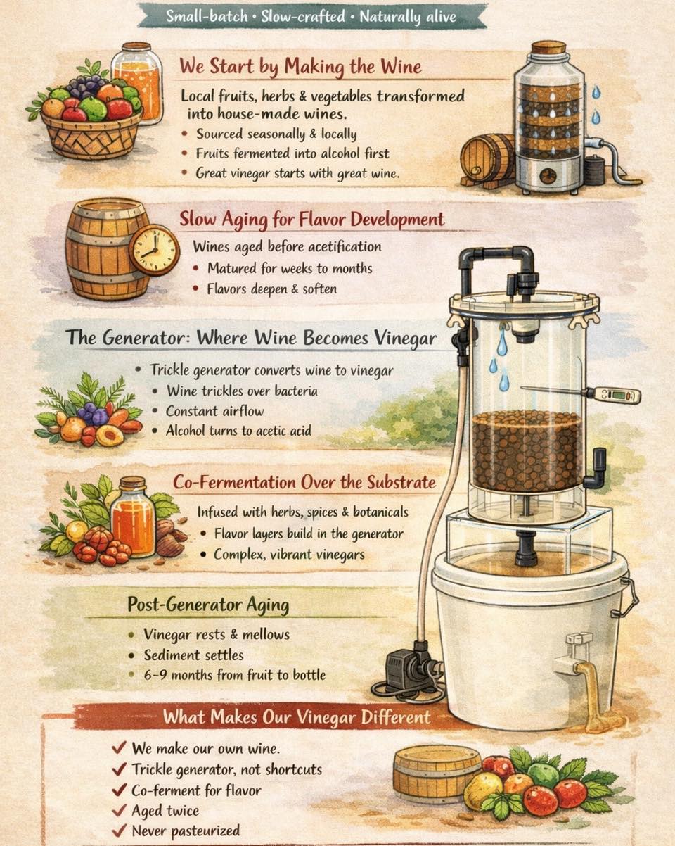 🍷✨ From fruit… to wine… to live vinegar.
But what is live vinegar?
Live vinegar is raw, unfiltered vinegar that still contains the naturally occurring beneficial bacteria and compounds created during fermentation — often called “the mother.” Unlike heavily processed commercial vinegar, it’s never pasteurized, so it keeps its bold flavor, natural character, living culture, and health benefits intact. 🌿🫧
At The Tickled Pickler, we make real small-batch wines from fruits, herbs & botanicals, then slowly transform them into live vinegar using traditional trickle generators and co-fermentation for deep layered flavor. The process takes months, not days — because great vinegar can’t be rushed. 😏
Use it in marinades, dressings, sauces, cocktails, seafood, veggies, or even drink it as a health shot or probiotic-style soda. 🔥
✔ Naturally alive
✔ Never pasteurized
✔ Small-batch & slow-crafted
✔ Bold flavor with a pulse
The Tickled Pickler — Turning Bland Into Grand. 🥒✨
#thetickledpickler #livevinegar #fermentation #craftvinegar #smallbatch #foodie #fermentedfoods #vinegarlover #georgiagrown #SlowFoodAtlanta #turningblandintogrand