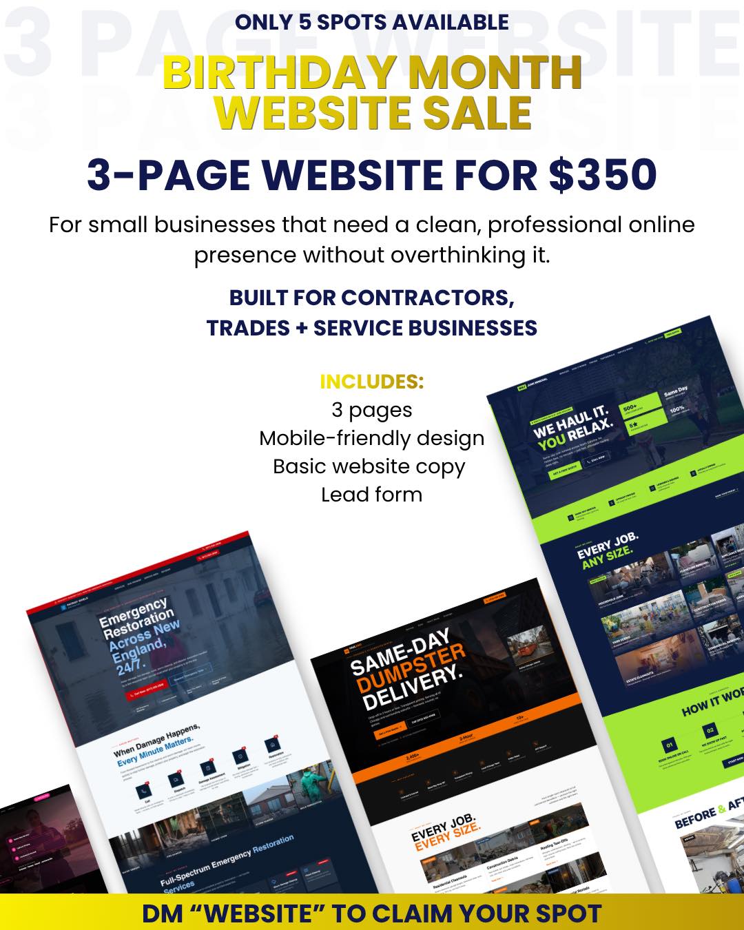 Birthday month sale is live 🥳🥳
I’m offering 3-page websites for $350 for contractors, service-based businesses, and small business owners who need a clean online presence without dragging the process out for weeks.
This is perfect if you need:
👉🏽A simple website people can trust
👉🏽A place to send clients besides social media
👉🏽Clear service information
👉🏽A lead form
👉🏽A professional online home that makes your business look legit
72-hour turnaround. Limited spots available.
DM me “WEBSITE” to claim your spot.