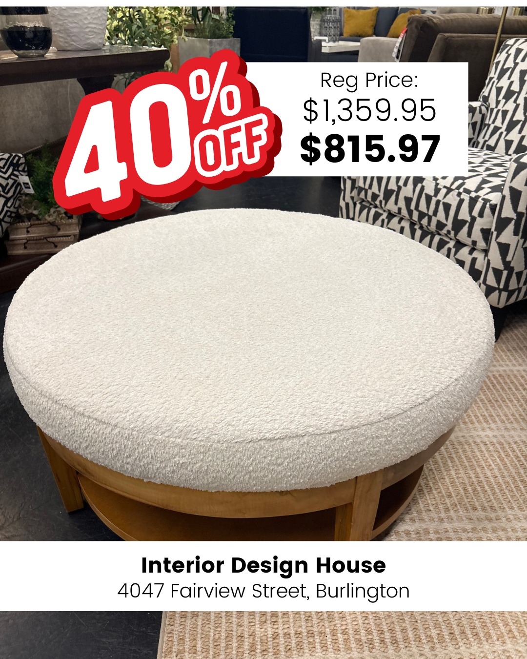 š£ BIG UPHOLSTERY SALE ON NOW! š£
Save up to 70% on select sofas, ottomans, sectionals and armchairs.
š4047 Fairview Street, Burlington
šwww.interiordesignhouse.com