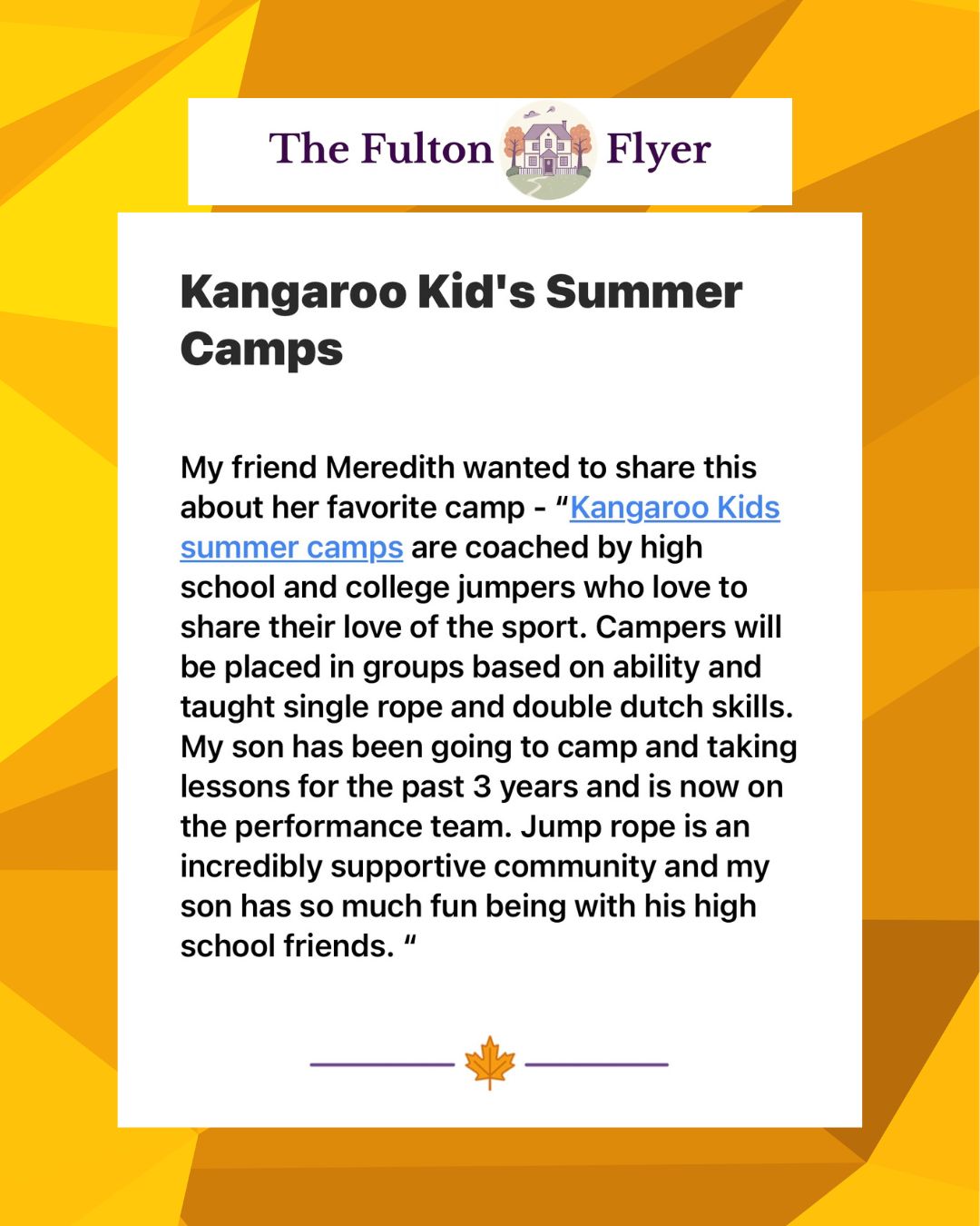 Thank you to the Fulton Flyer https://fultonflyer.com/ for mentioning our summer camp with a great recommendation from Meredith! Join us this summer at our camps! Register through HCRP https://www.hcrpsports.org/jumpropecamps