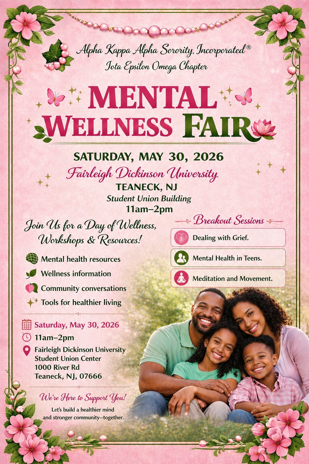 Join us for our Mental Wellness Fair – a FREE event dedicated to health, happiness, and togetherness! 💚
📅 Date: Saturday, May 30, 2026
⏰ Time: 11 AM - 2 PM
📍 Location: Fairleigh Dickinson University
🌿 Enjoy a day of:
✅ Wellness Workshops
✅ Community Conversations
✅ Mental Health Resources & More!
Bring your family and friends for a fun-filled day focused on mental wellness and self-care! 🧠💖
#MentalWellness #IEOAKA #AKA1908 #NAR #ServiceFromOurSouls #SoaringWithAKA