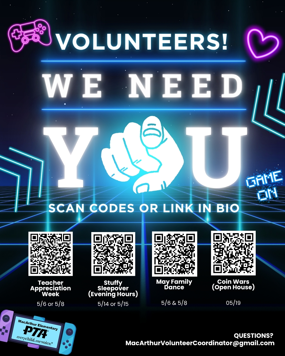 Player 2 Needed: Volunteer Mode ON! Our community just completed an EPIC level with Teacher Appreciation Week — huge thanks to everyone who donated, showed up, and powered up the experience for our staff 💙
But the game’s not over… we’ve got a few side quests that still need players:
✨ THIS WEEK — Teacher Appreciation Week
📅 Wednesday 5/6 (after school)
🛠️ Help hang pre-made surprises for our teachers
📅 Friday 5/8 — Flower Arranging
🌸 A few spots still open
📩 If full and you still want in, email the volunteer coordinator
🧸 Stuffy Sleepover — May 14–15
🎯 Missions:
• Stuffy check-in
• Activities
• Drop-off support
⚠️ Evening Hours
💃🕺 Spring Family Dance — May 15
🎉 Help needed for:
• Set up
• Clean up
• Popcorn machine attendants
🪙 Coin Wars @ Open House — May 19
⏱️ Quick 15-min shifts during Open House (or 6:00–6:30 PM after)
👉 You’ll already be there — easy XP boost!
👉 Scan the QR code or check the link in bio to sign up
#GameOnMacArthur #MacArthurPTA #Volunteer #SchoolCommunity #EaglePride #FamilyEngagement #MacArthurElementary #PTAEvents