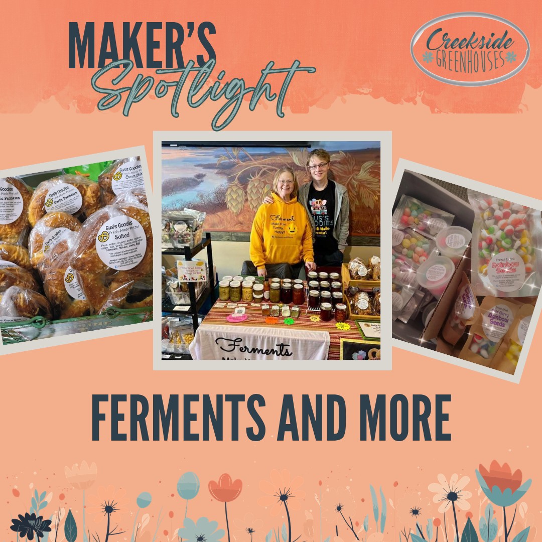 🌸Welcome Back - Ferments and More 🌸
Ferments and More - We are MN Cottage food producers specializing in different flavors of sauerkrauts and other ferments. We also offer jams and other canned items, plus freeze dried goodies and Gus's soft baked pretzels.
At Creekside Greenhouses for our Maker's Market on Sat May 16th 9a-2p.
#creeksidegreenhouses #creeksidemakersmarket #creeksidegreenhousesmn #creekside #flowerpower #makersgonnamake #makerspotlights