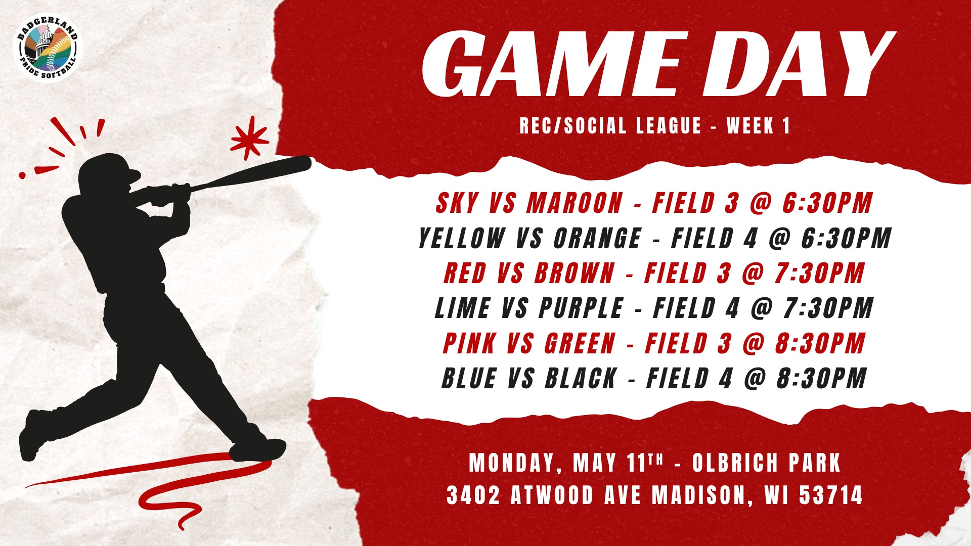 Rec league week 1 is Monday, May 11th! Games are at Olbrich Park at 6:30, 7:30, and 8:30 🕓 We are on fields 3 & 4, the ones closest to Olbrich Gardens!
🥎 Players: please arrive at least 30 minutes before your game so your coach has time to finalize the lineup and you can get warmed up and ready to play.
💖 After-Innings Tradition: @rigbypub -- $3 tacos, we will take care of the first taco for everybody! They also have $5 Corona & Modelo bottles, $5 El Jimador shots, $8 El Jimador margs, and $5 walking tacos on Mondays! 🌮
Can’t wait to kick off the season, see you on the field!