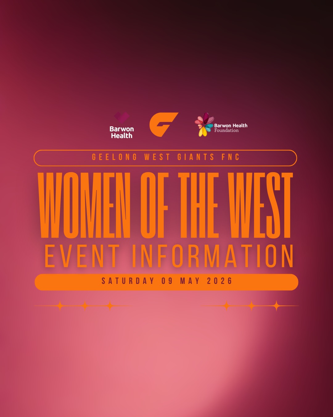 Women of the West is almost here, and we would love to see you there.
Join us from 3:00pm at Scaada Stadium for an unforgettableafternoon of connection, community and great conversation. Enjoy a grazing board, happy hour, live entertainment, cocktails, and drinks proudly supported by our event sponsor, Bellarine Spirits.
We will also hear from our incredible panelists and have some amazing raffle prizes up for grabs, thanks to the generous local businesses supporting the event.
A portion of funds raised will proudly support the Andrew Love Cancer Centre through the Barwon Health Foundation, making it a great afternoon for an important cause.
Run times and event details are included, so grab your friends and secure your ticket now.
Tickets are available via our website:
https://www.geelongwestgiants.com.au/event-details/women-of-the-west-2
Unable to attend but still want to support? Donations can be made here:
https://www.barwonhealthfoundation.org.au/fundraisers/womenofthewest2026/fundraising-for-barwon-health-foundation