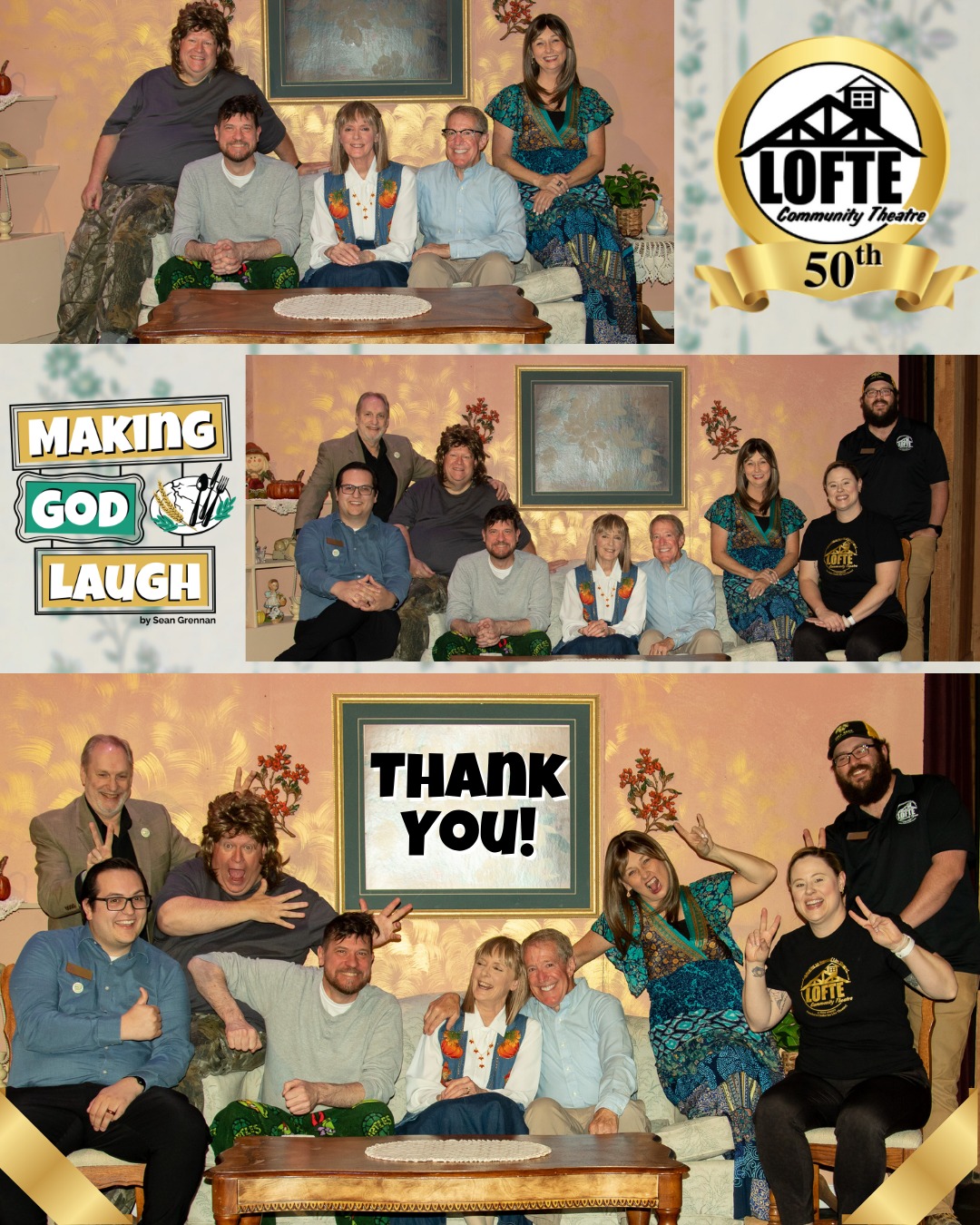 Today was the final performance of the second show of our 50th season - "Making God Laugh." We would like to thank everyone who worked so hard on this production. This is one of the smaller casts of the season, with just 5 people, all playing members of the same family, and the family dynamics were strong! A very big thank you to all of them, as these were truly some fabulous performances. A big thank you to our crew as well, without whom this production wouldn't have been possible: Danielle, Kathryn, Brandy, Aaron, Nick, Adam, and Linda. Kevin Colbert did an excellent job, as usual, as our artistic director. And of course, thanks to our set crew for building the comfortable and never-aging living room. Thanks to all our front-of-house staff and volunteers who made sure audiences were well cared for at each performance. Finally, thanks to all of our audiences who attended the production! We can't have a show without someone to see it, and you played your part beautifully. We hope this show allowed you to smile and touched your heart as well. Always remember, making plans is all well and good, but if you want to make God laugh, tell him your plans!
Our next production is Rodgers and Hammerstein's Cinderella, which opens on July 18th. And before that, we're hosting the Missoula Children's Theatre - camp auditions are at 10:00 am on June 8th. Hope to see you there!
.
.
.
.
.
#Lofte #TheLofte #BornInABarn #LofteTheater #CommunityTheater #CommunityTheatre #Volunteer #Nebraska #CassCounty #Lincoln #Omaha #WeepingWater #Manley #theatre #theater #live #livetheater #livetheatre #comedy #MakingGodLaugh #makegodlaughtellhimyourplans #family #traditions