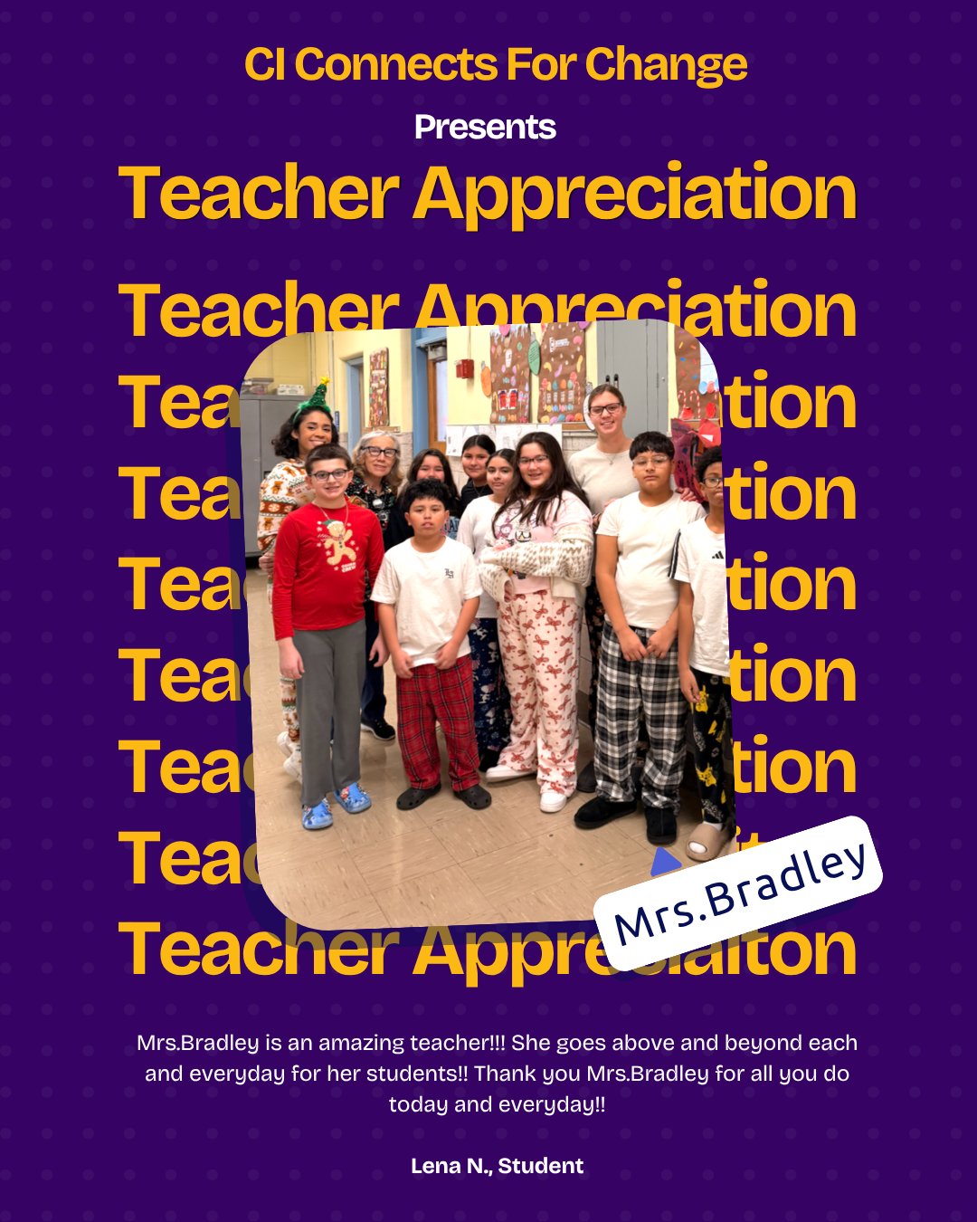 Mrs.Bradley is an amazing teacher! She goes above and beyond each and everyday for her students! Thank you Mrs.Bradley for all you do today and everyday!!
💜💛