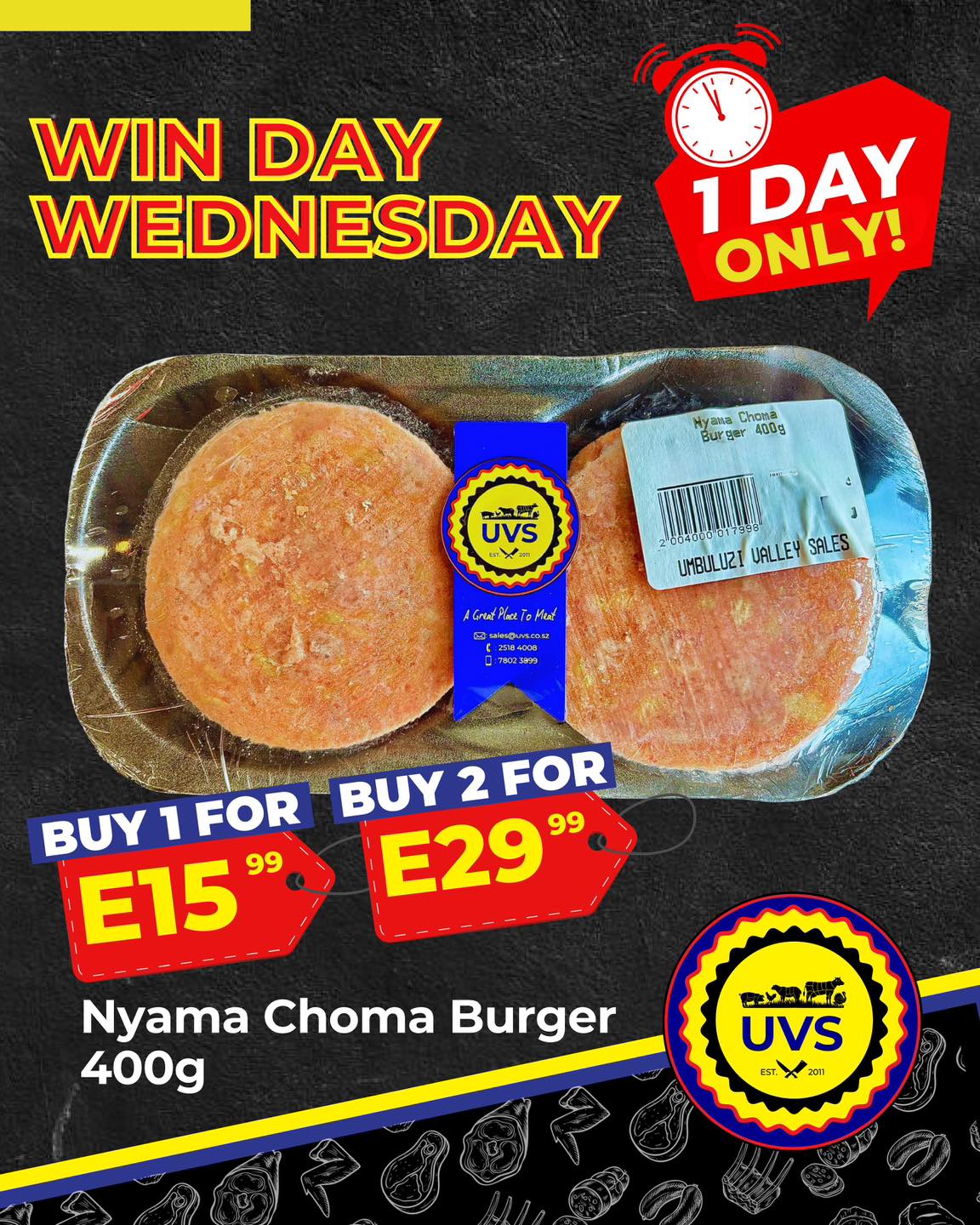 Introducing WIN DAY WEDNESDAY! 🔥
Grab your favourites at unbeatable prices:
- Buy 1 for less
- Buy 2 for even better
This week’s deals:
🍔 Nyama Choma Burger 400g
🍔 Nyama Choma Burger 1.8kg
🍔 Mama Chikkin Burger 400g
🐟 Tilapia 1kg
Why stop at ONE when TWO saves you more!
⏰ 1 Day Only — Don’t miss out!
#UVS #WinDayWednesday #MidWeekSavings #AGreatPlaceToMeat
