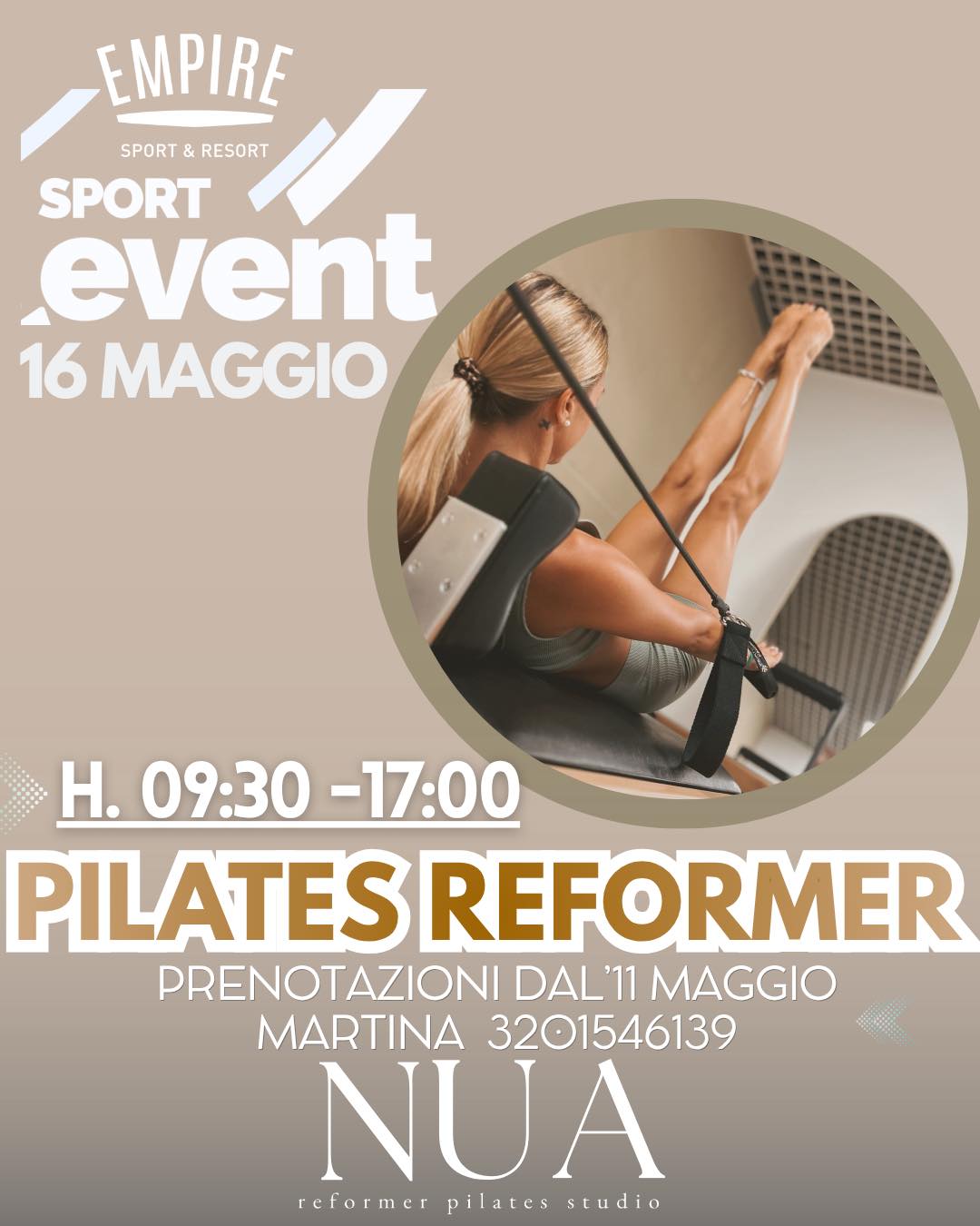 ✨ EMPIRE SPORT EVENT ✨
Scopri il benessere del movimento con il Pilates Reformer firmato NUA Reformer Pilates Studio
📅 Venerdì 16 Maggio
⏰ Dalle 09:30 alle 17:00
Una giornata dedicata all’equilibrio, alla postura e alla tonificazione attraverso un allenamento elegante, efficace e adatto a tutti ✨
Prenota la tua sessione e vivi un’esperienza esclusiva all’interno di Empire Sport & Resort.
📲 Prenotazioni dall’11 Maggio
👤 Martina: 3201546139
#EmpireSportResort #SportEvent #PilatesReformer #ReformerPilates #NUA #Wellness #Fitness #PilatesStudio #Roma #Benessere