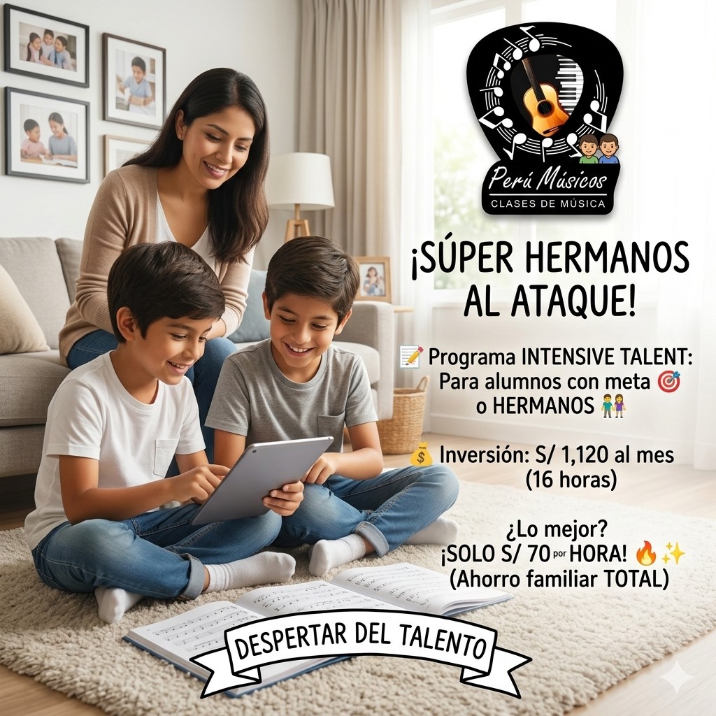 ¿Doble talento en casa? Optimiza tu tiempo y tu inversión con nuestro Plan Intensive. 🎹🏠
Sabemos que la logística familiar puede ser un reto. Por eso, hemos diseñado el programa Intensive Talent de PeruMusicos, la opción más inteligente para familias que buscan resultados tangibles y un ahorro real por cada hora de formación.
Este programa está pensado para dos perfiles de éxito: alumnos con objetivos específicos que desean acelerar su aprendizaje, o familias con dos hijos que quieren aprovechar al máximo la visita de nuestro profesor a casa.
¿Por qué elegir Intensive Talent?
✅ Máximo Rendimiento: 16 horas al mes (4 horas por semana) para una inmersión total en el arte.
✅ Versatilidad Total: Puedes usarlo para un solo alumno o compartirlo entre dos hermanos.
✅ Ahorro Tangible: Al aumentar la frecuencia, tu costo por hora baja a S/ 70, haciendo de esta la opción más atractiva para el presupuesto familiar.
✅ Comodidad: Menos coordinación de horarios y más tiempo de calidad para tus hijos.
Es el programa donde la disciplina se une con la eficiencia para crear un sistema de aprendizaje sin interrupciones.
📍 A domicilio en Lima | 💻 Online para todo el mundo.
"En este nivel, no pagas por horas de instrucción, sino por un sistema diseñado para que tus hijos desarrollen disciplina y sensibilidad artística desde casa."
💬 ¡Haz una inversión inteligente! Comenta la palabra "HERMANOS" o envíanos un mensaje al WhatsApp para activar este beneficio familiar hoy mismo. 🚀
www.perumusicos.com
Reserva tus clases al Whatsapp https://wa.me/51922168421 y https://wa.me/51984150584
#PeruMusicos #IntensiveTalent #AhorroFamiliar #HermanosMusicos #ClasesADomicilio #TalentoAcelerado #PianoLima #EducacionDePrestigio #DisciplinaHogar #MusicaParaHermanos #InversionInteligente #PNLMusica #ClasesOnline