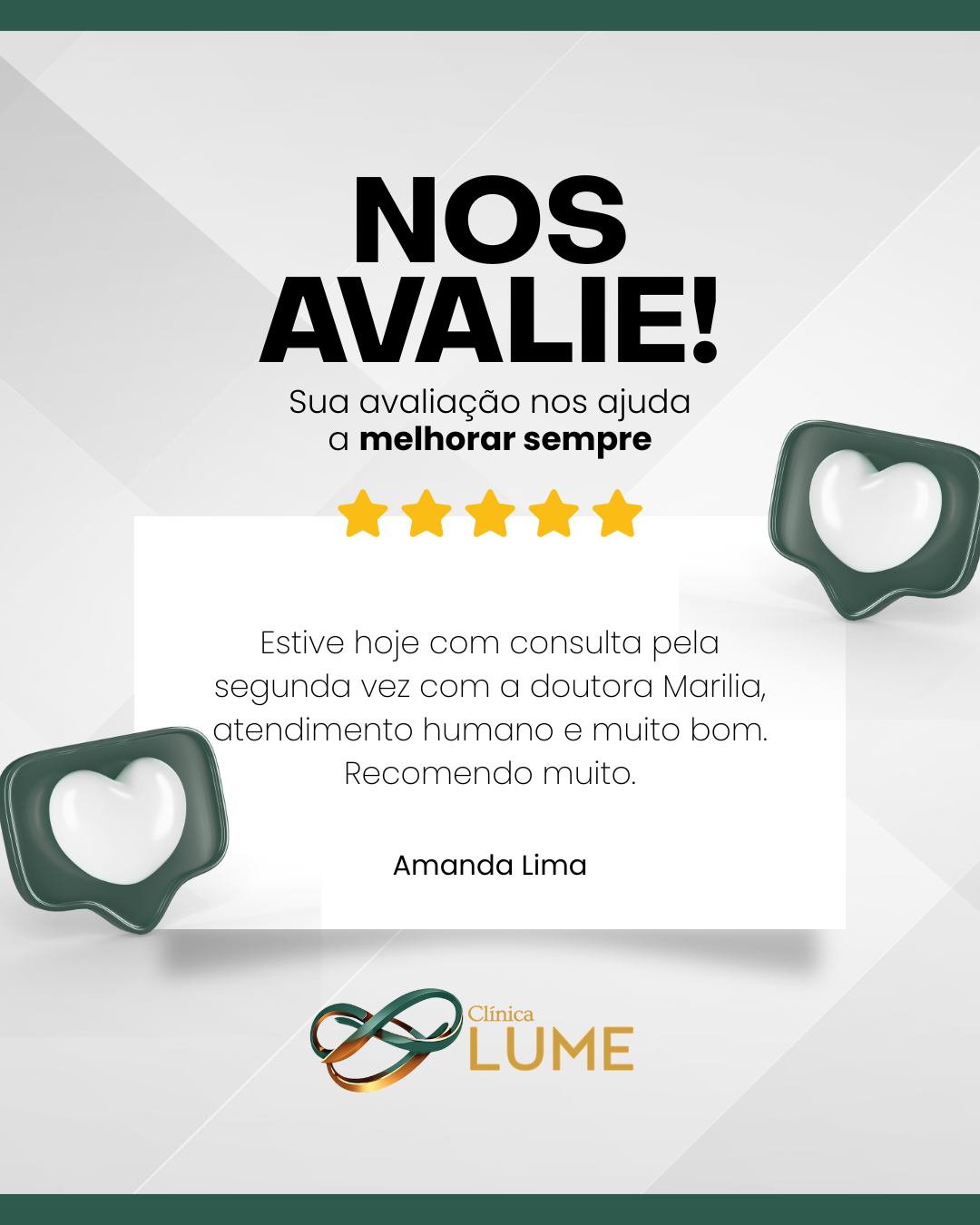 Receber o carinho dos nossos pacientes é o que nos inspira todos os dias!
A Amanda Lima compartilhou sua experiência com a Dra. Marília e nossa equipe da Lume: ✨
“Estive hoje com consulta pela segunda vez com a doutora Marília, atendimento humano e muito bom. Recomendo muito.”
Nosso propósito é oferecer um atendimento acolhedor, humano e dedicado em cada detalhe, para que cada paciente se sinta cuidado de verdade. 💫
Obrigada pela confiança, Amanda!
#AvaliaçãoGoogle #AtendimentoHumanizado #DraMarília #Lume #ExperiênciaDoPaciente #CuidadoComExcelência #SaúdeComCarinho