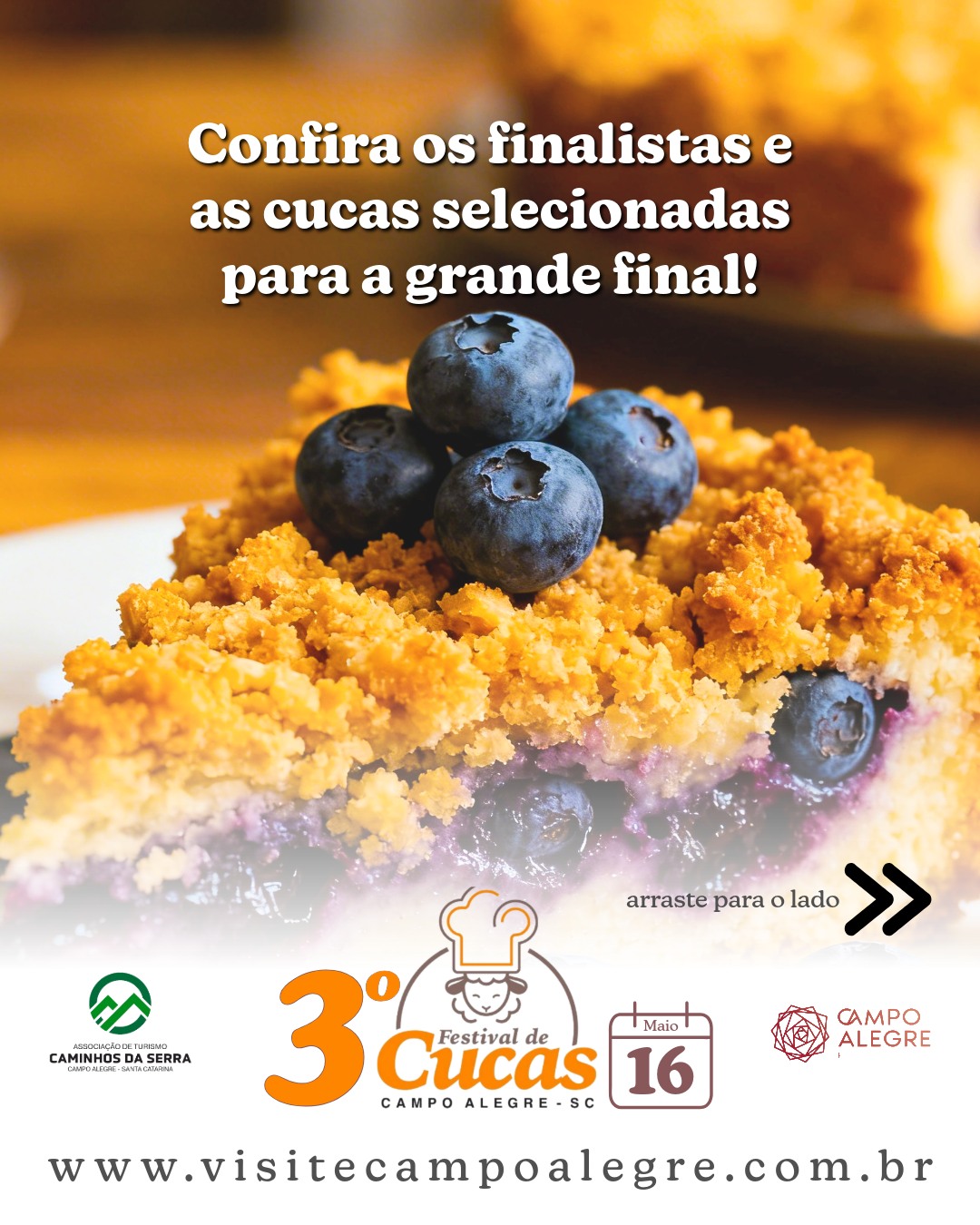 A espera acabou!
🥧✨ É com muita alegria que anunciamos os grandes finalistas do 3º Festival de Cucas de Campo Alegre.
Nossos talentosos confeiteiros trouxeram receitas que unem tradição e inovação, destacando os sabores únicos da nossa região. Confira quem são os classificados que disputam o título de melhor cuca deste ano:
🔹 Rosangela de A. Mazzuco (@rosangela_mazzuco) – Cuca de pinhão com bacon
🔹 Jaqueline Jerci Michel (@jaquejmichel) – Cuca alemã com toque brasileiro
🔹 Marcio Silva dos Santos (@santosmarciosilva) – Cuca de queijinho com goiabada
🔹 Vanusa Aparecida da Silva (@ateliegourmetchefvanusa) – Cuca de mirtilo com limão siciliano
🔹 Djeimes André Hoffmann (@dhcomex) – Cuca de pera, gorgonzola e nozes
🔹 Jorge Fernando Hoffmann (@jorge_f_hoffmann) – Cuca de maçã da serra
A grande final acontece no próximo sábado, dia 16 de maio, no Salão da Igreja Luterana de Campo Alegre!
Prepare o seu paladar para celebrar essa deliciosa tradição campo-alegrense conosco.
Para mais informações, acesse: www.visitecampoalegre.com.br
#FestivalDeCucas #CampoAlegre #TurismoCampoAlegre #Gastronomia #CucaAlemã #VisiteCampoAlegre #Finalistas